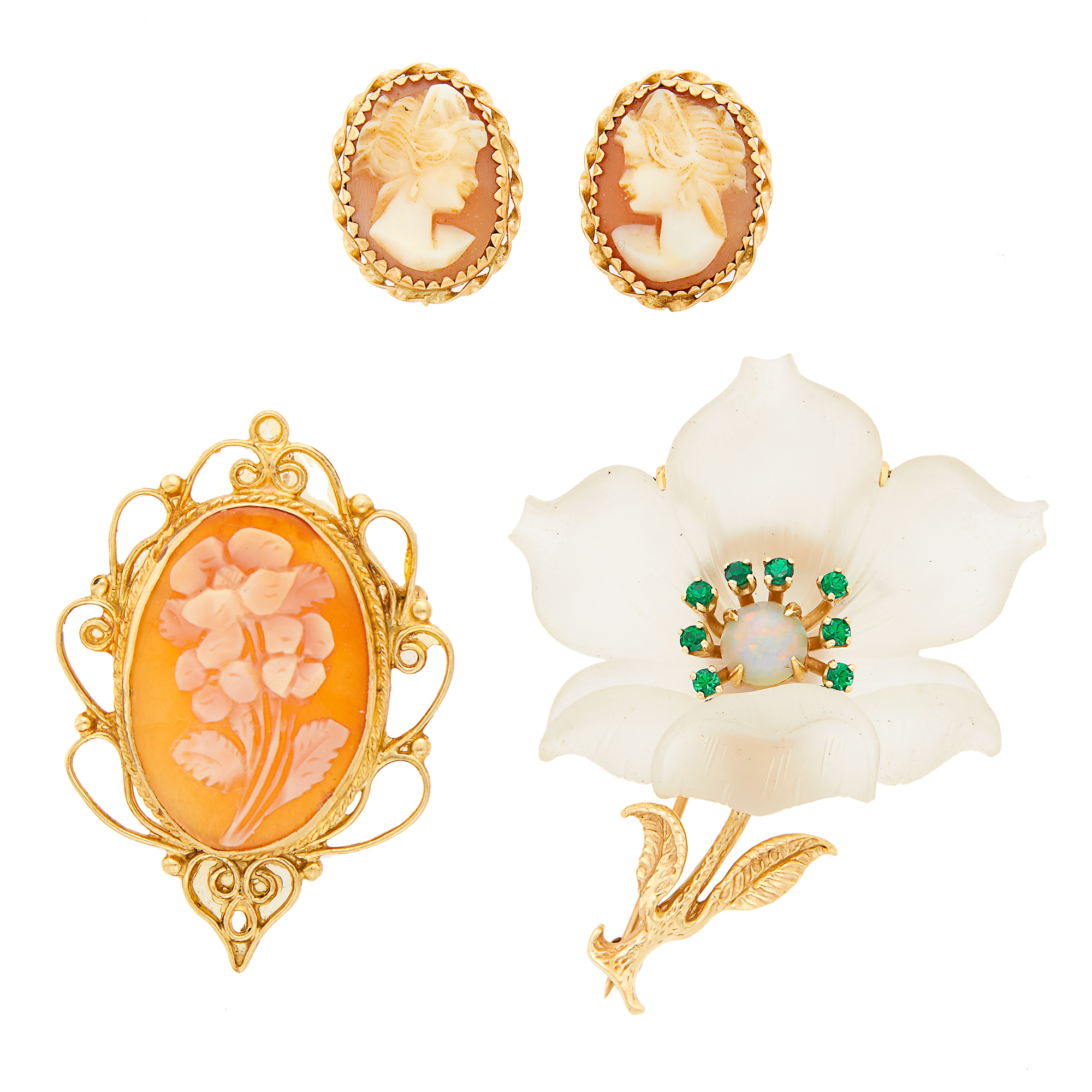 Lot image - Pair of Gold and Cameo Earrings and Pendant-Brooch, Carved Frosted Rock Crystal, Opal and Simulated Emerald Flower Brooch