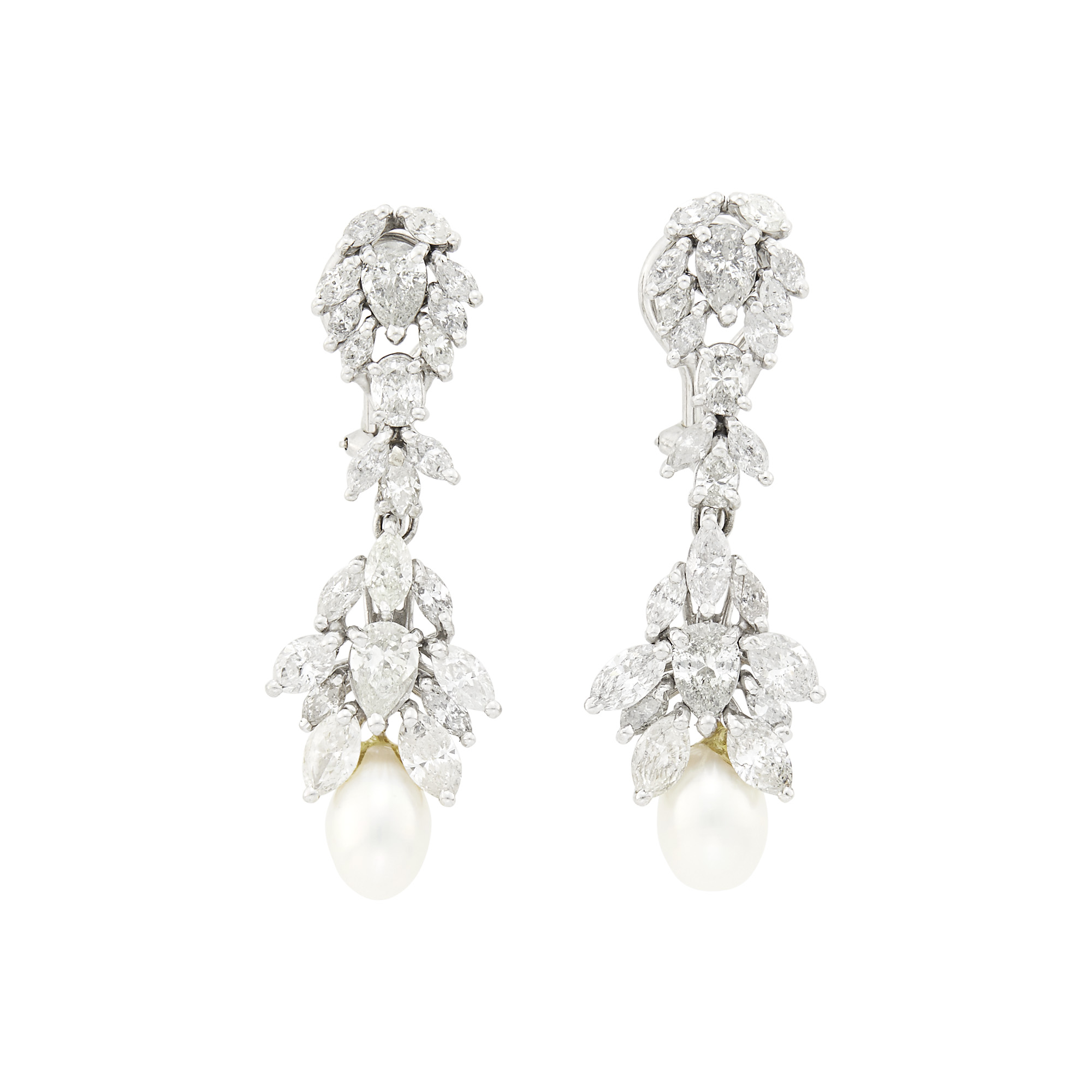 Lot image - Pair of White Gold, Diamond and Freshwater Pearl Pendant-Earrings