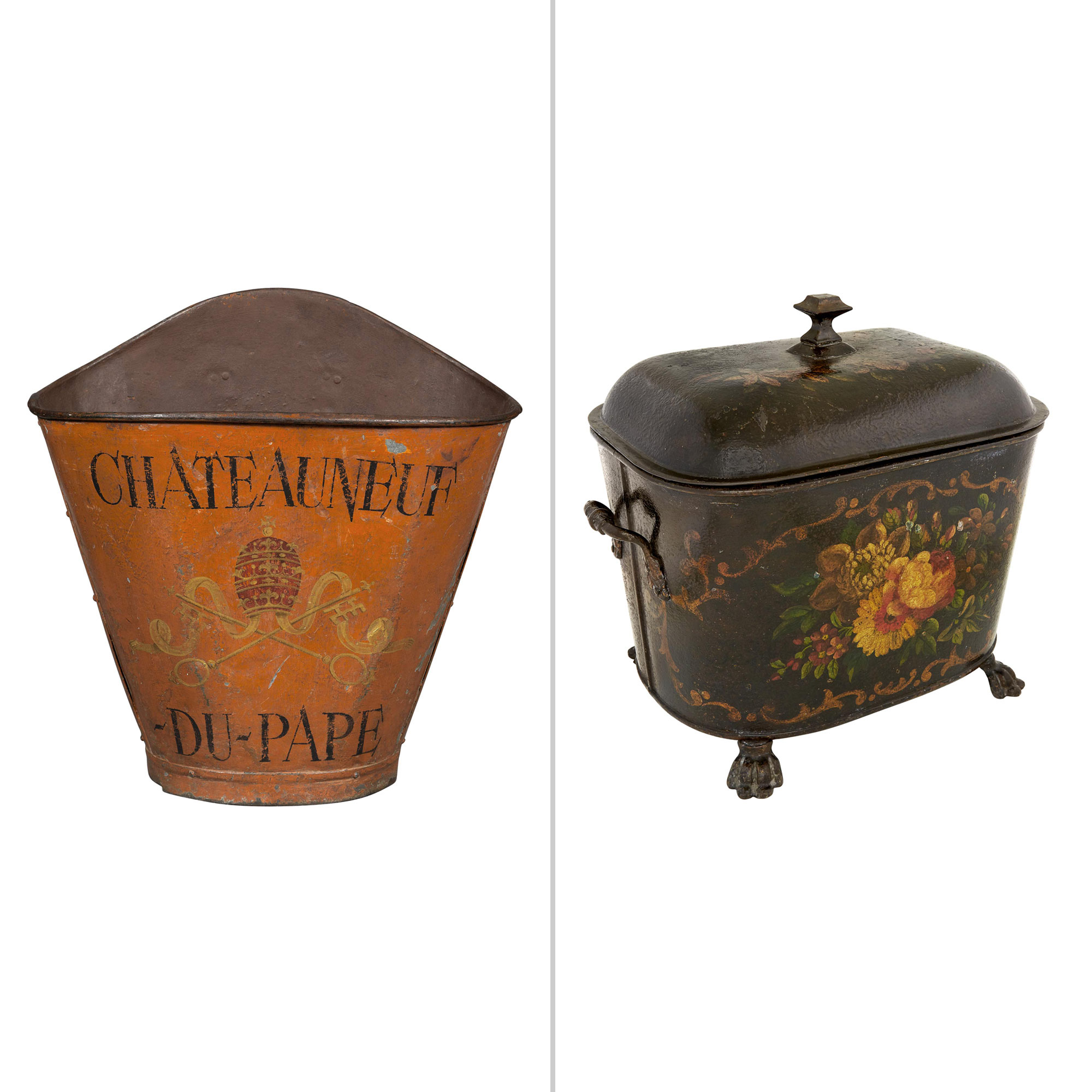 Lot image - Red and Parcel-Gilt Tôle-Peinte Kindling Carrier