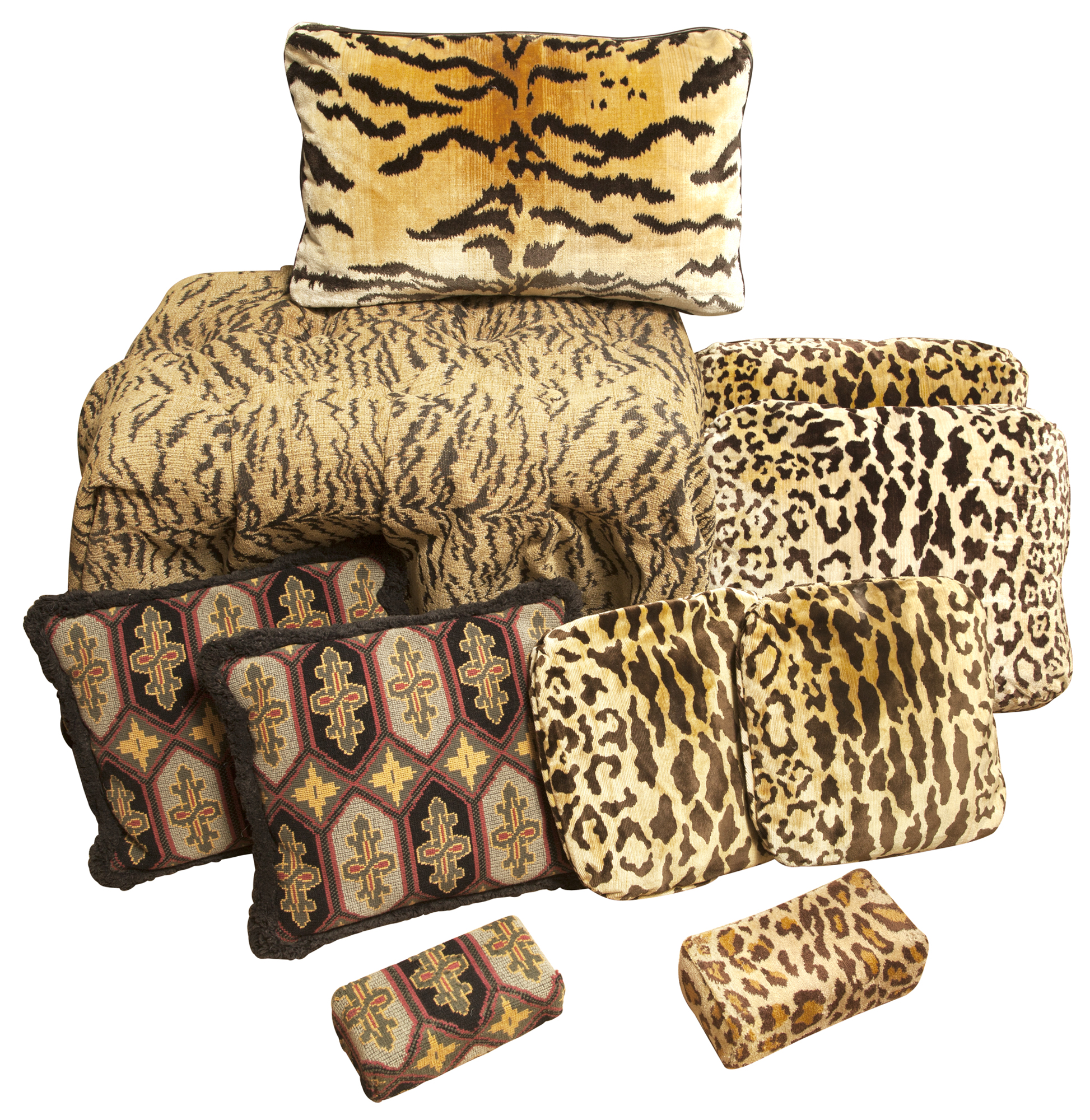 Lot image - Tiger-Printed Fabric-Draped Upholstered Stool