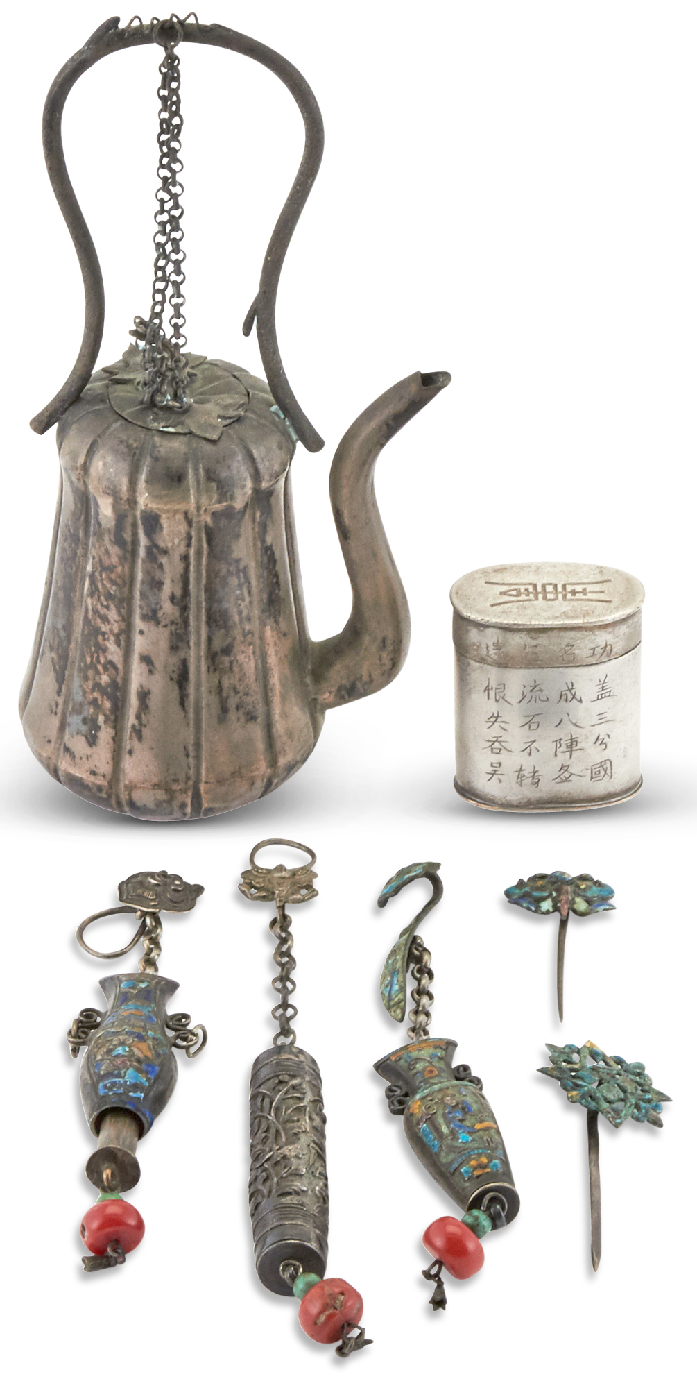 Lot image - A Chinese White Metal Opium Box, Silver Ewer and Assorted Enameled Accessories
