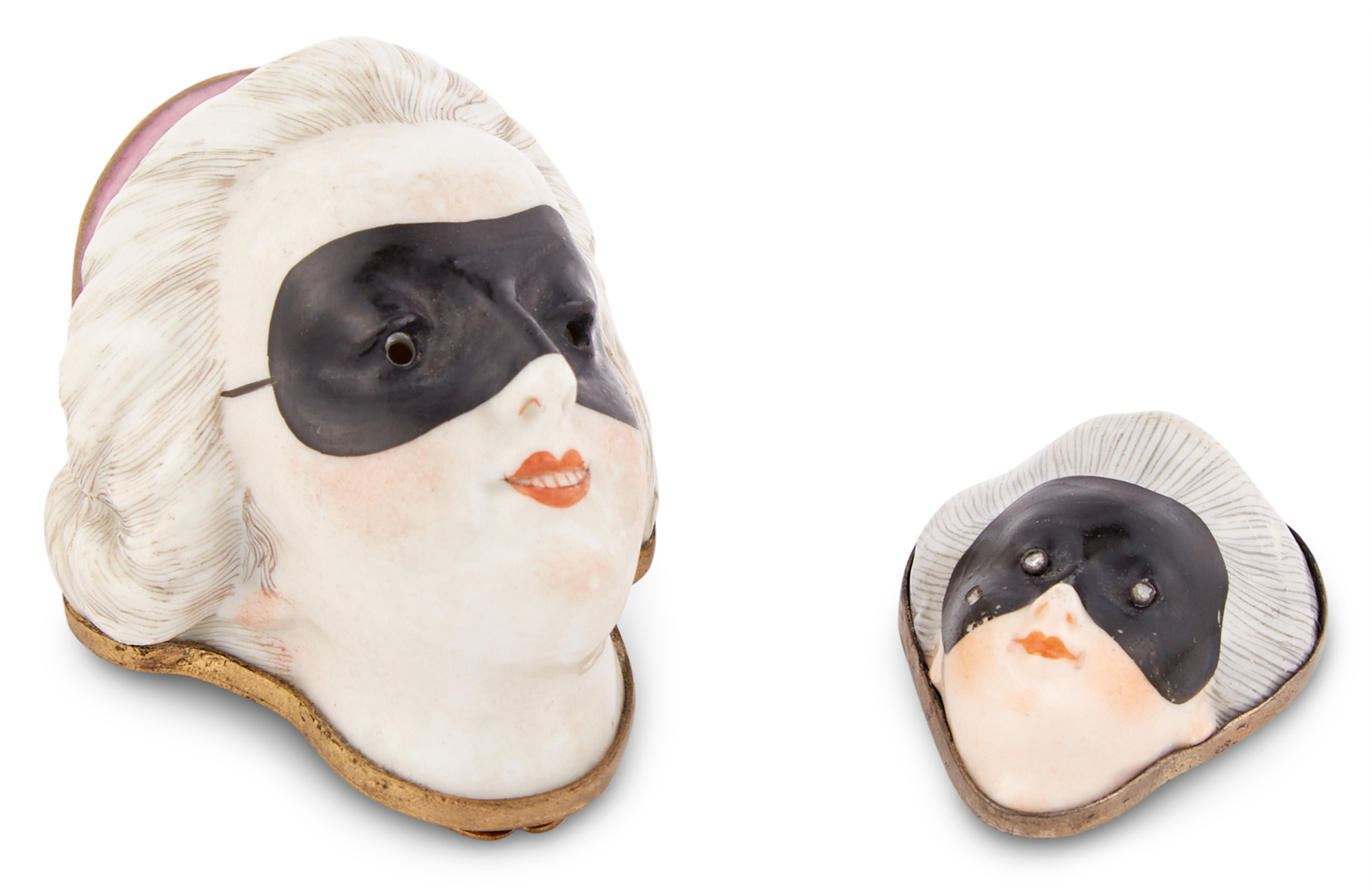 Lot image - Two English Silver and Gilt-Brass Mounted Enamel Masquerade Boxes