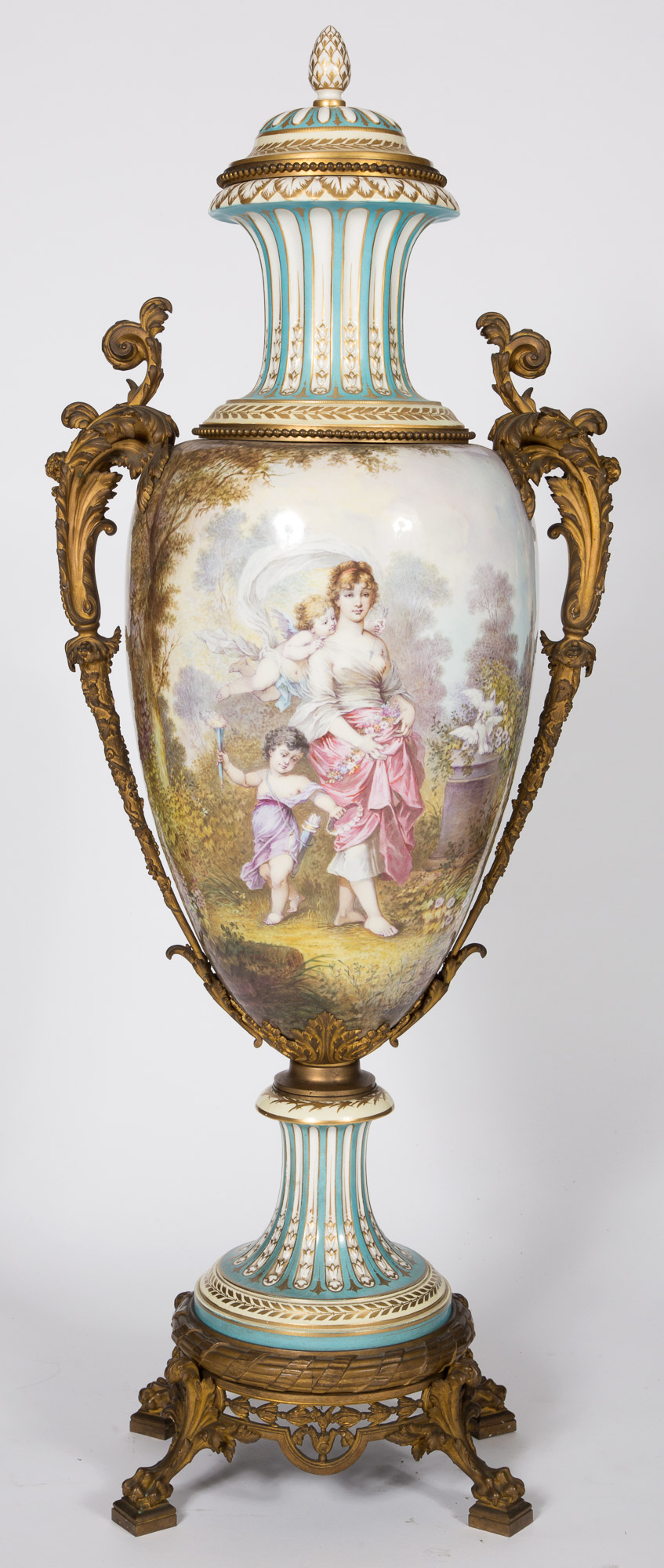 Lot image - Monumental Sèvres Style Gilt-Bronze Mounted Gilt and Hand-Painted Porcelain Two-Handled Footed Urn and Cover