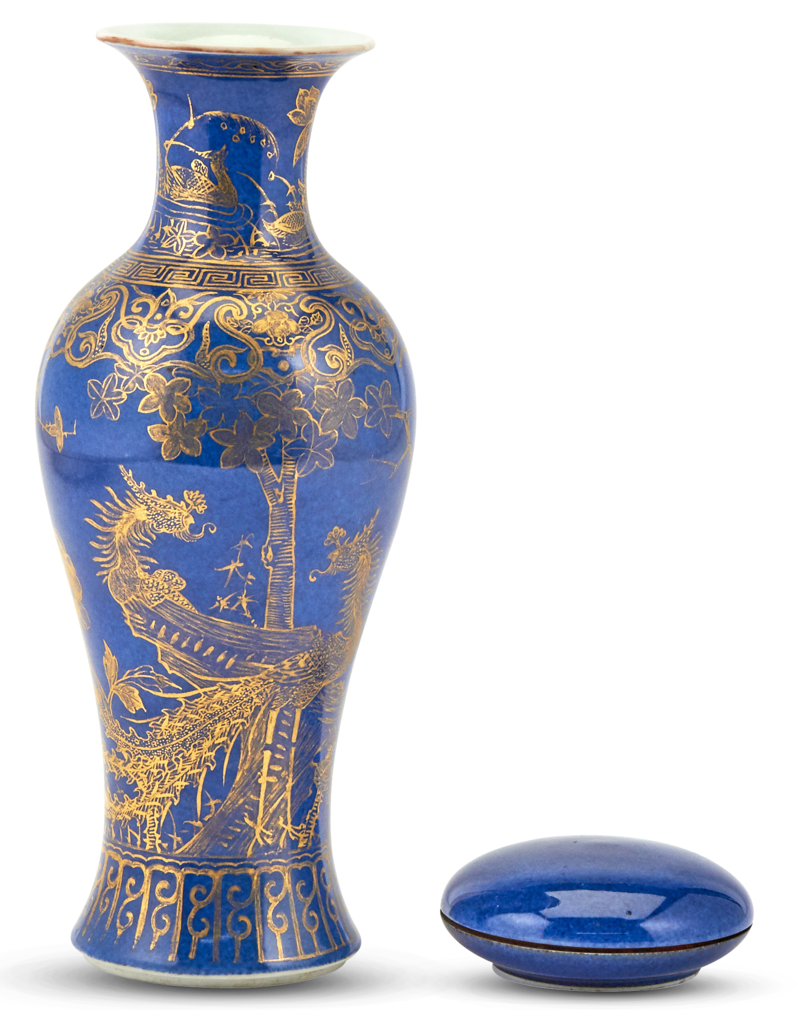 Lot image - A Chinese Gilt Decorated Powder Blue Porcelain Vase and Paste Box