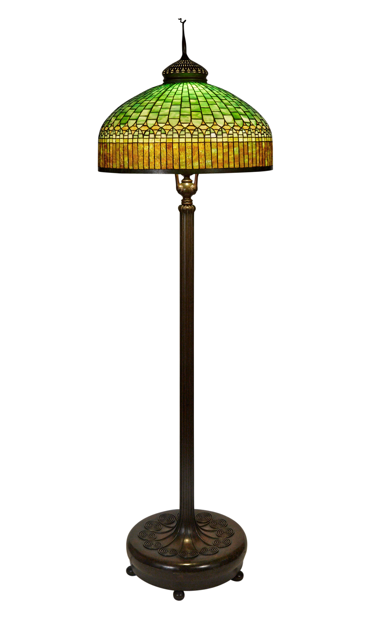 Lot image - Tiffany Studios Bronze and Leaded Glass Curtain Border Floor Lamp