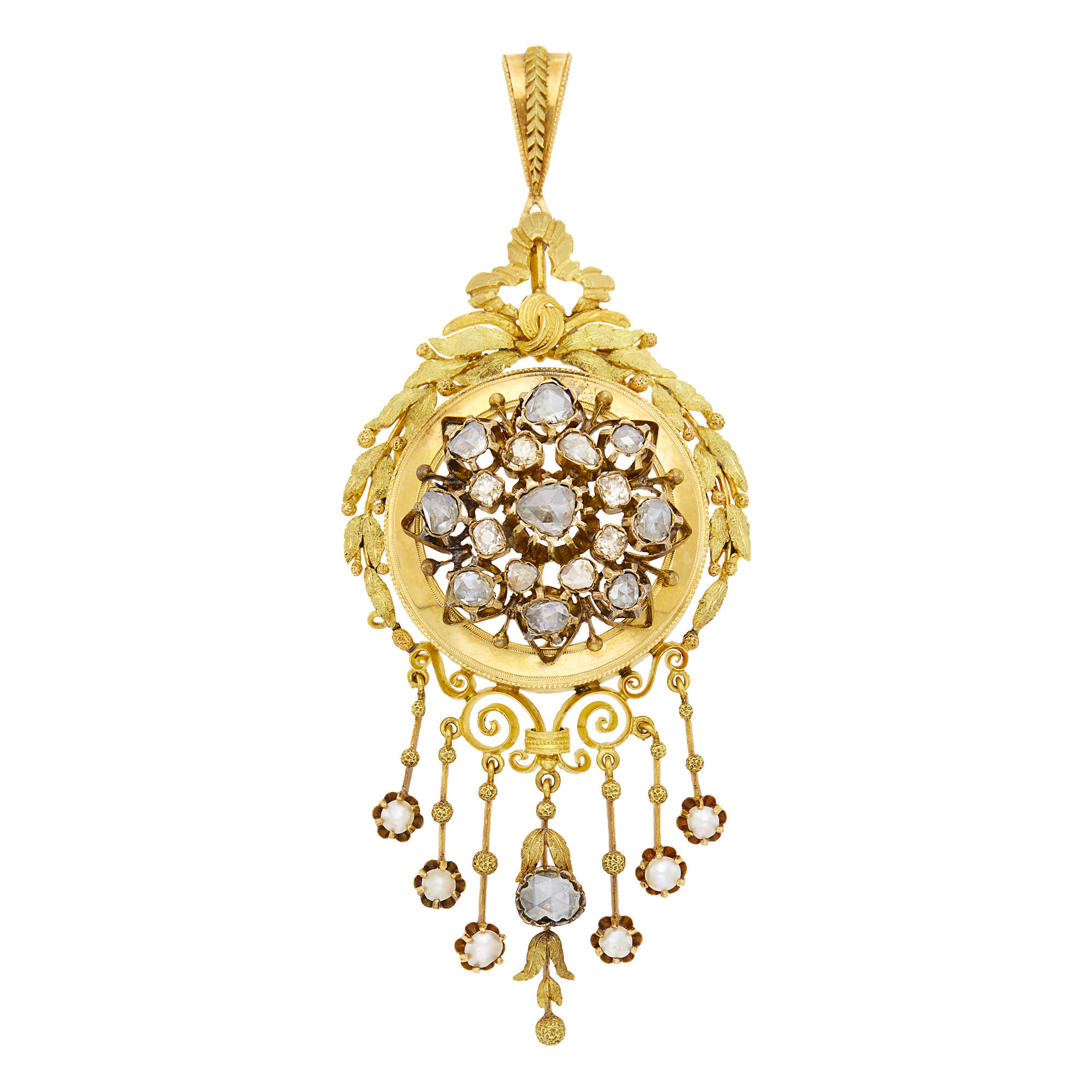 Lot image - Antique Two-Color Gold, Diamond and Freshwater Pearl Pendant-Brooch, France
