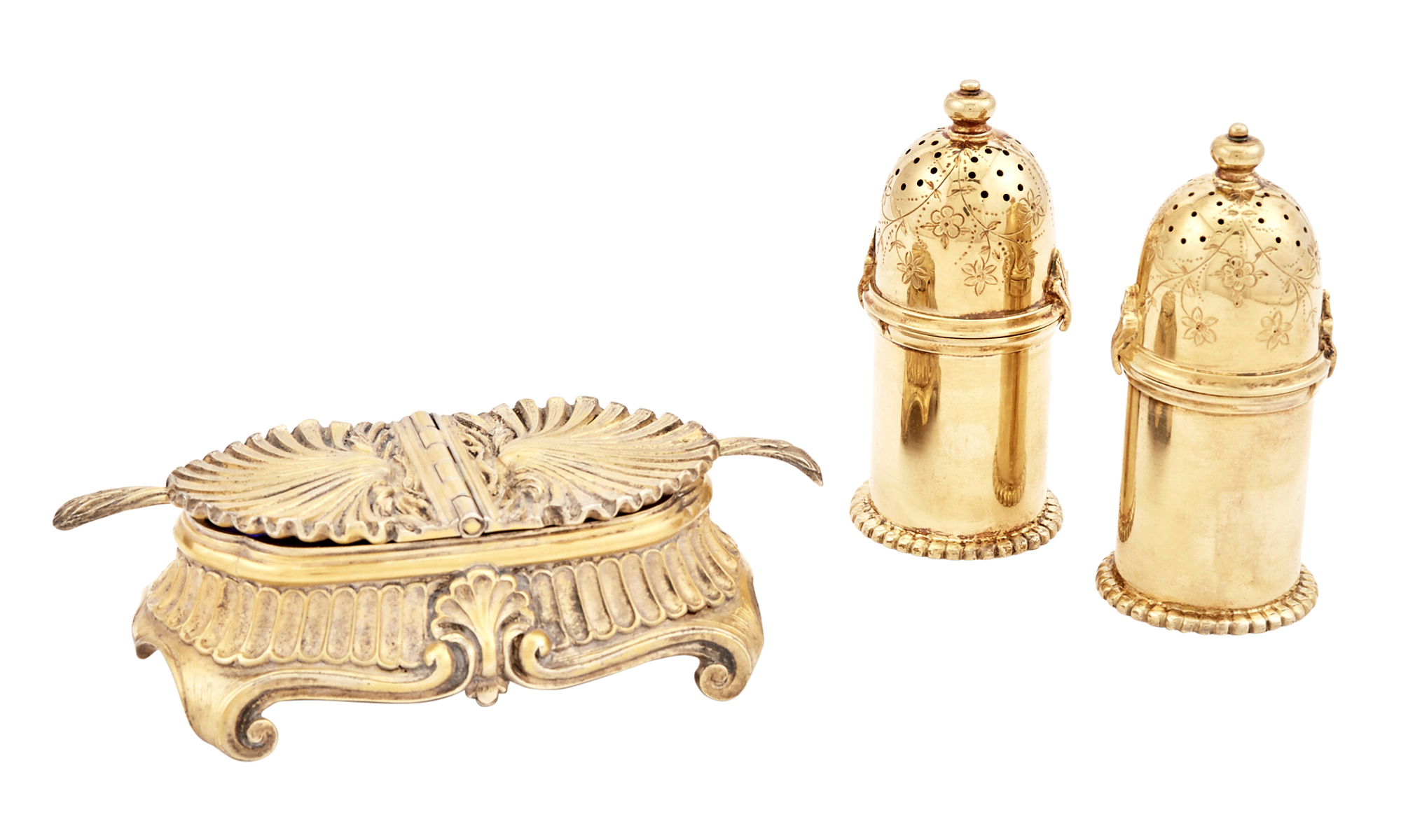 Lot image - Assembled Tiffany & Co. Sterling Silver-Gilt Double Salt Cellar and Pair of Tiffany & Co. Sterling Silver-Gilt Pepper Casters