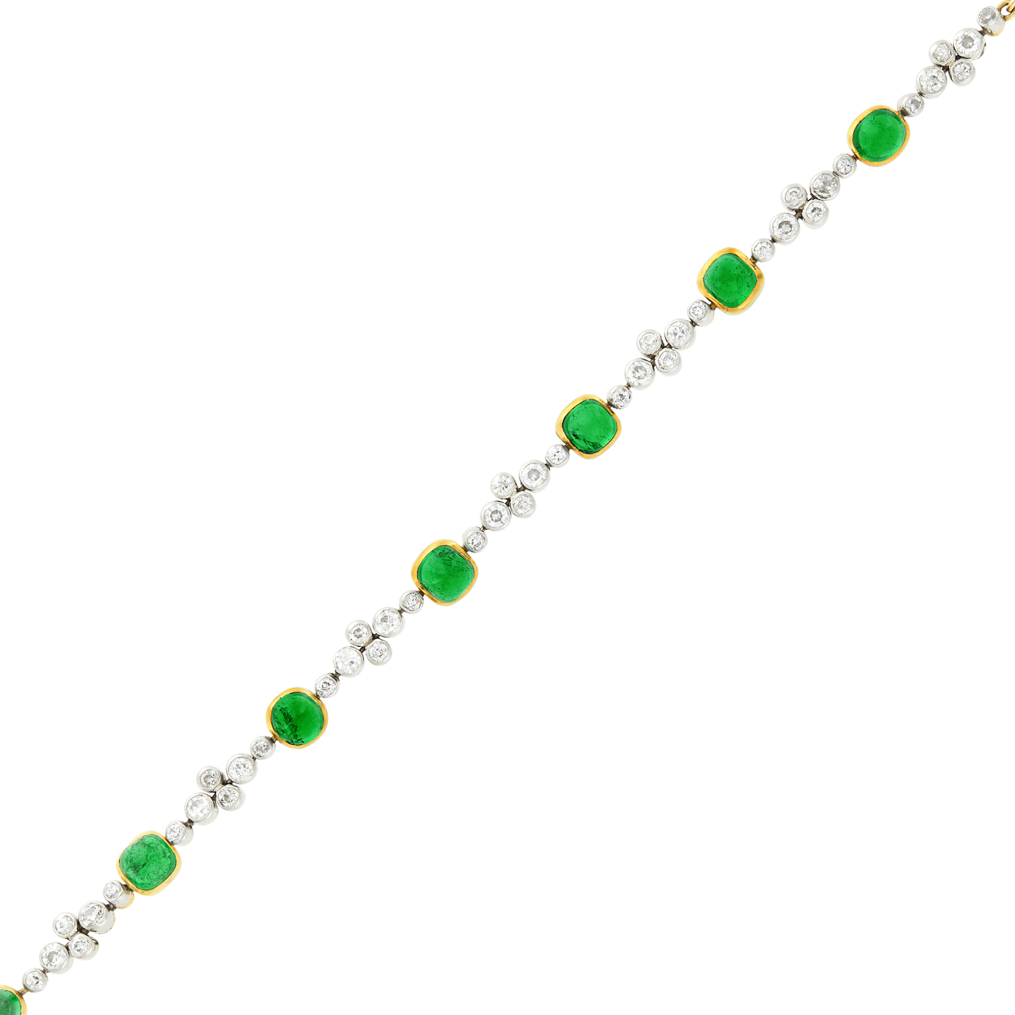 Lot image - Platinum, Gold, Cabochon Emerald and Diamond Bracelet