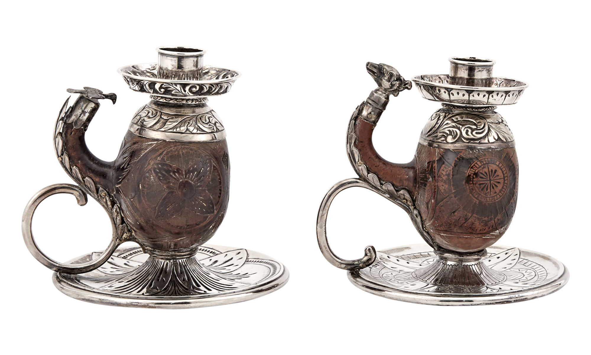 Lot image - Pair of Victorian Novelty Sterling Silver Mounted Coconut Chambersticks