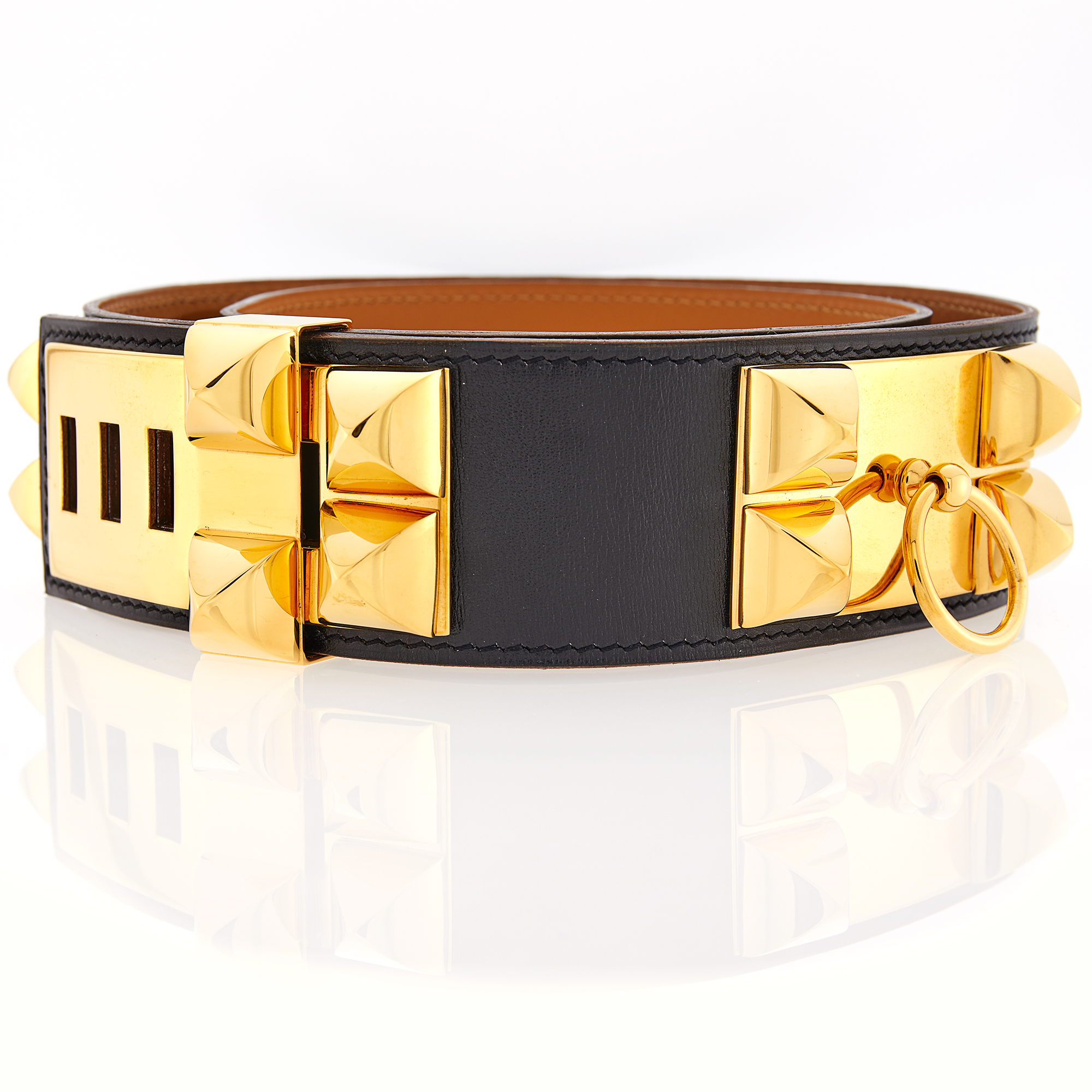 Lot image - Hermès Paris Gilt-Metal and Black Leather Collier de Chien Belt