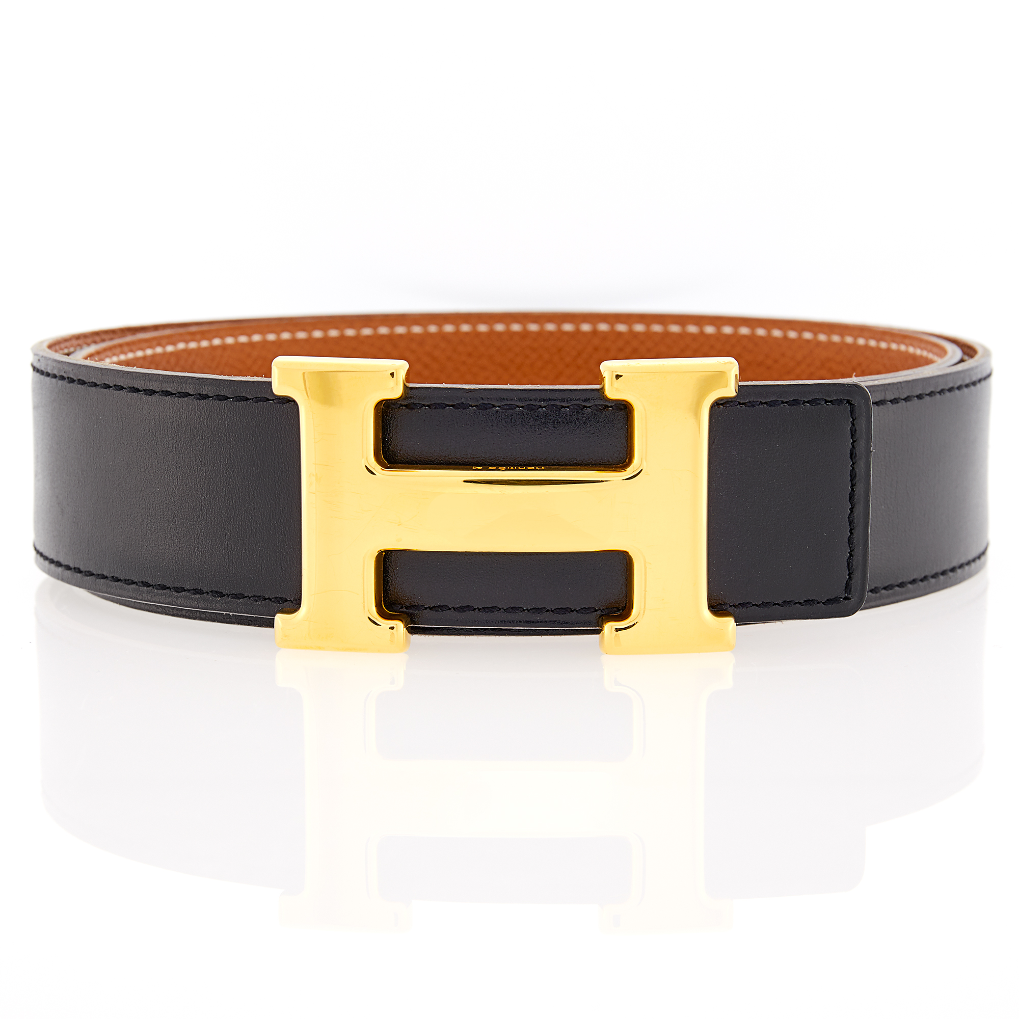 Lot image - Hermès Paris Gilt-Metal and Black Leather H Belt