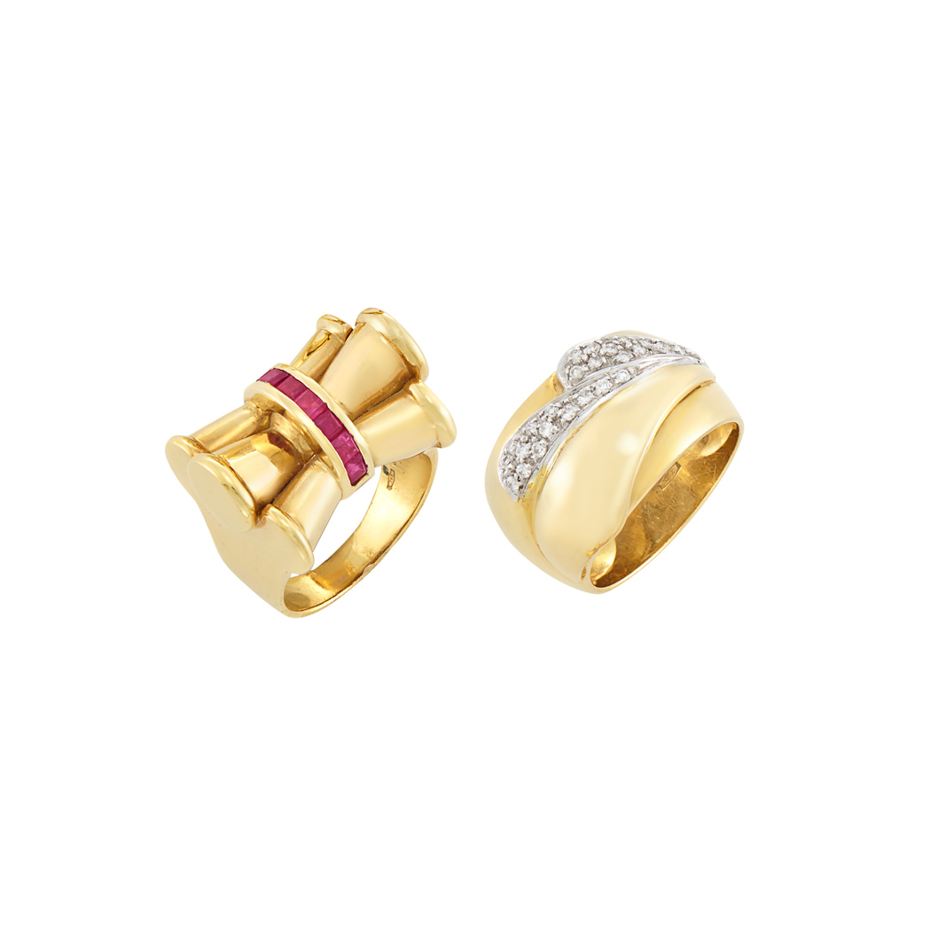 Lot image - Retro Rose Gold and Ruby Bow Ring and Two-Color Gold and Diamond Band Ring