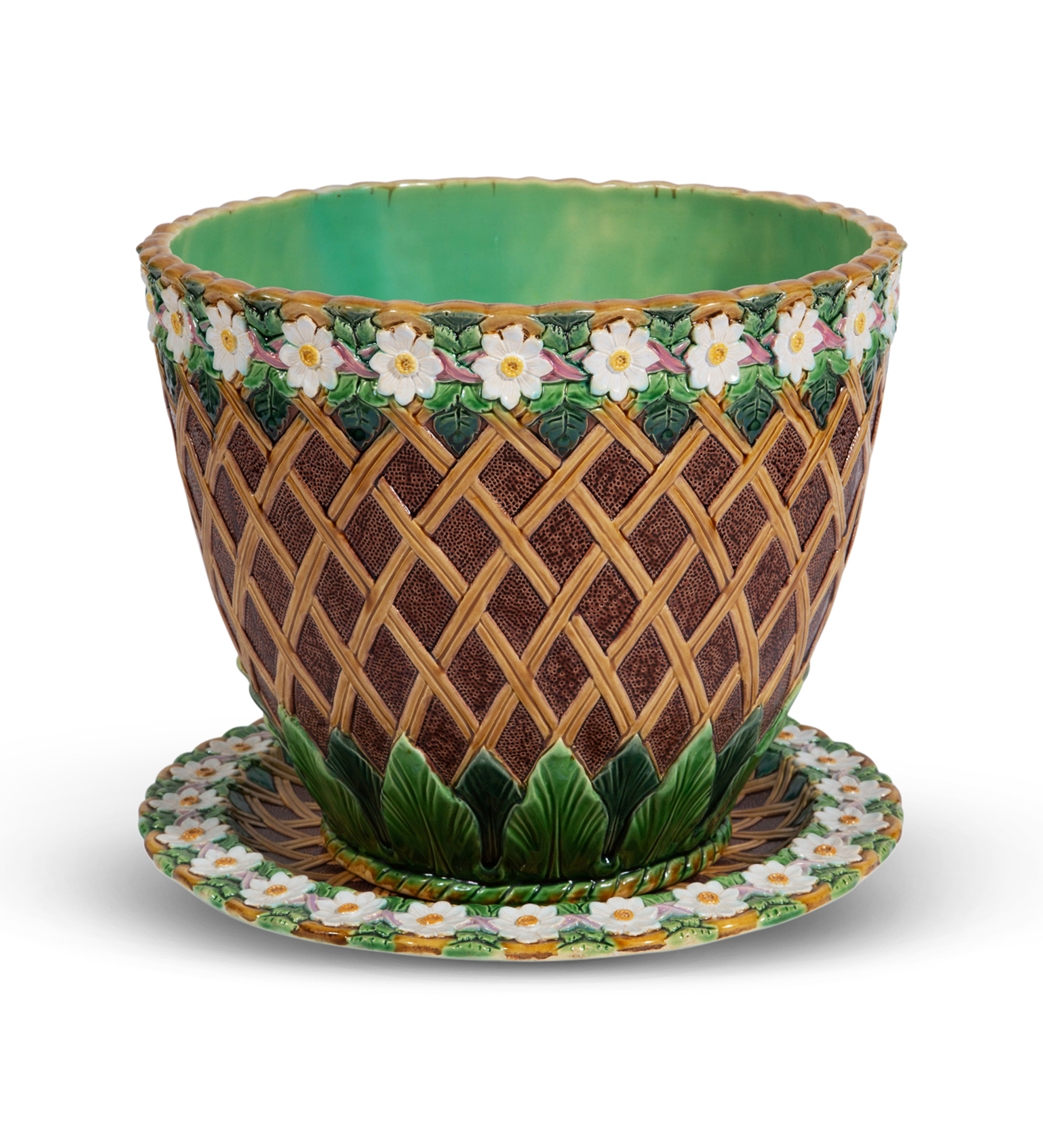 Lot image - Mintons Majolica Brown-Ground Daisy and Trellis Garden Pot and Matching Platter