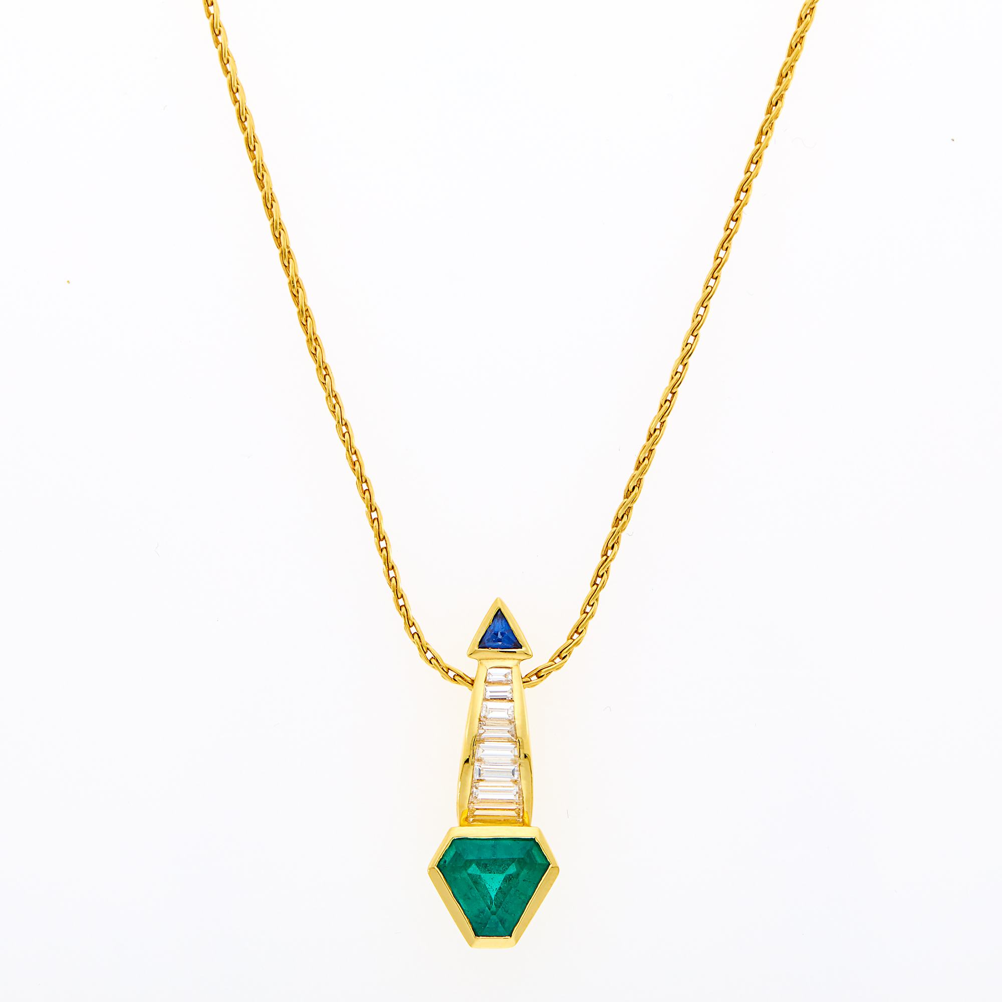 Lot image - Gold, Emerald, Sapphire and Diamond Pendant with Chain Necklace
