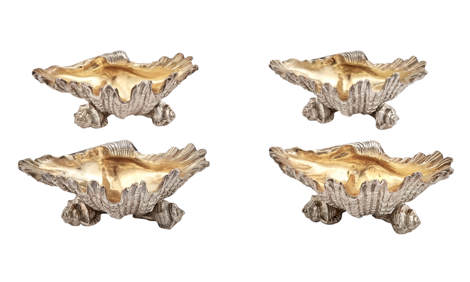 Lot image - Set of Four Partial Gilt Silver Plated Novelty Shell Form Master Salts