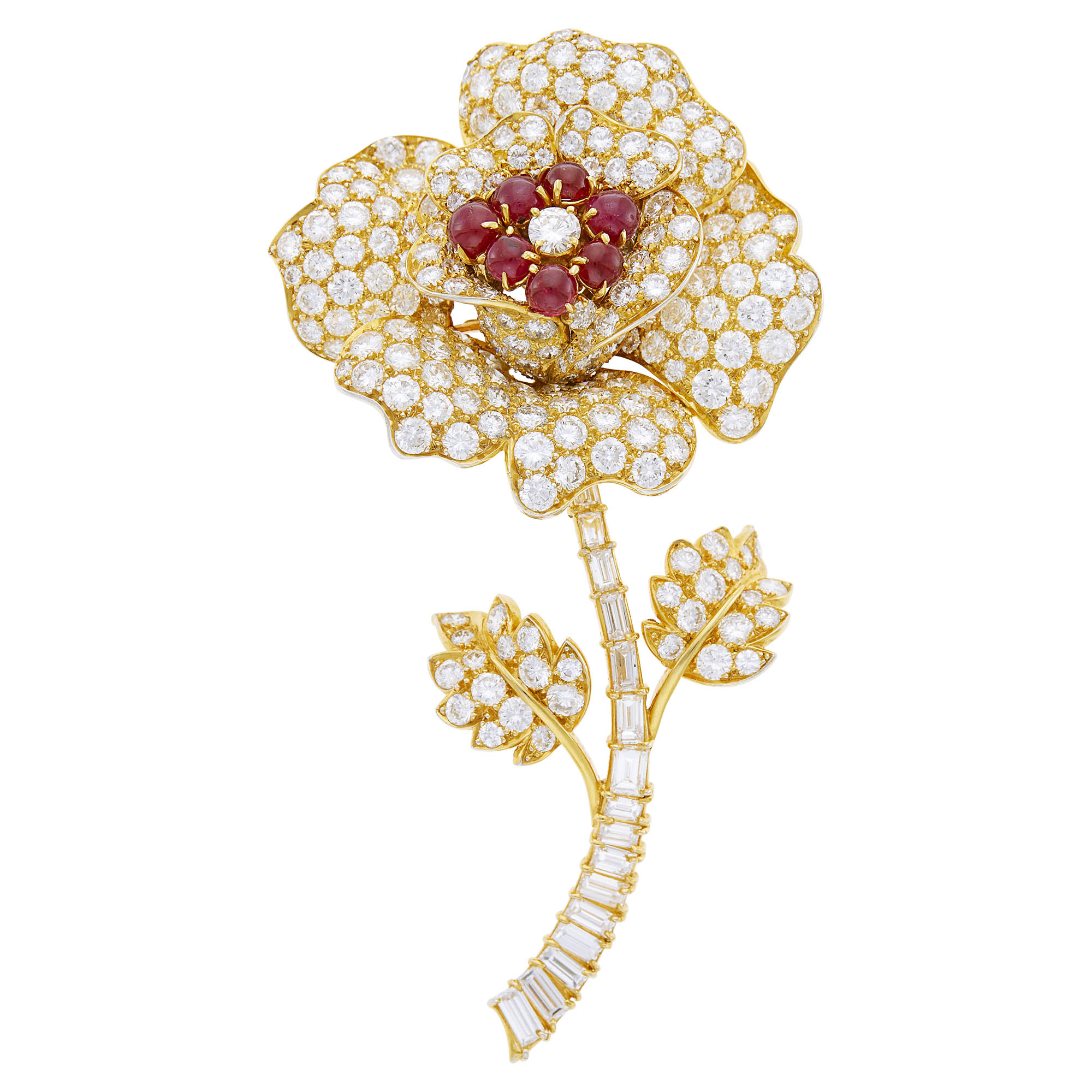 Lot image - Van Cleef & Arpels Gold-Plated Platinum, Diamond and Cabochon Ruby Flower Pendant Clip-Brooch