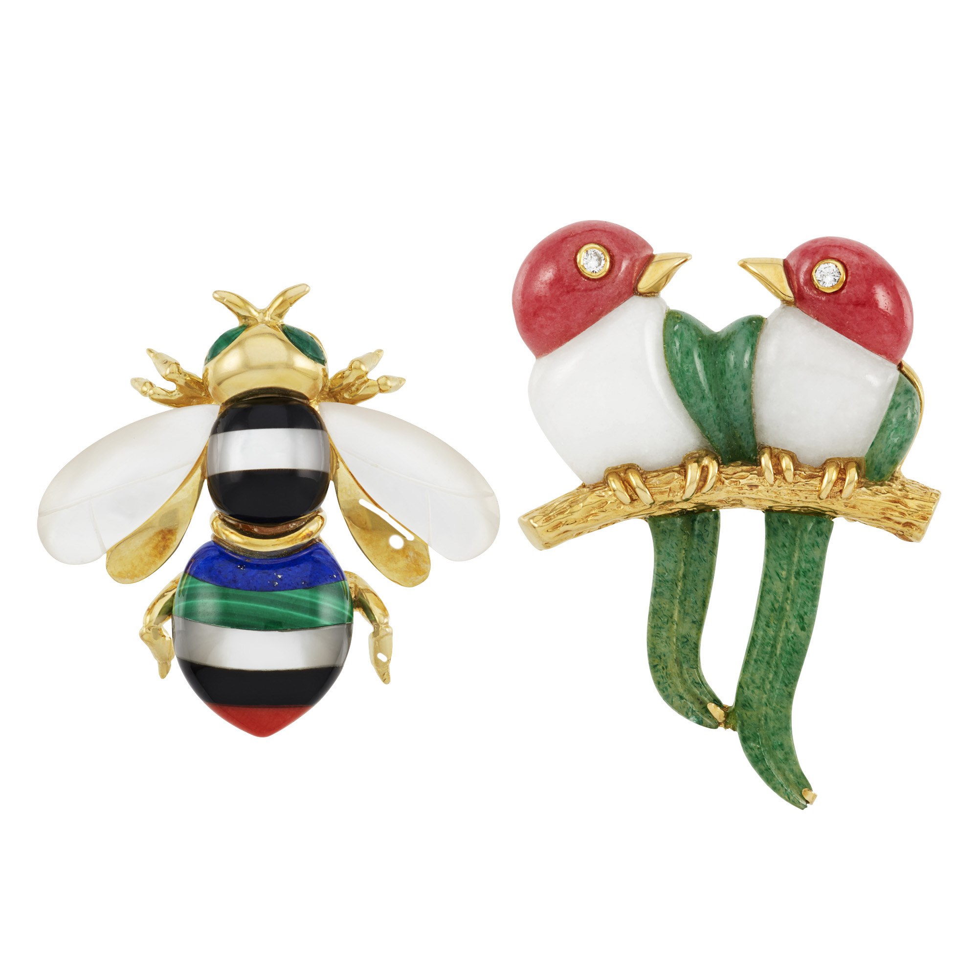Lot image - Two Gold, Diamond and Hardstone Birds and Bee Brooches