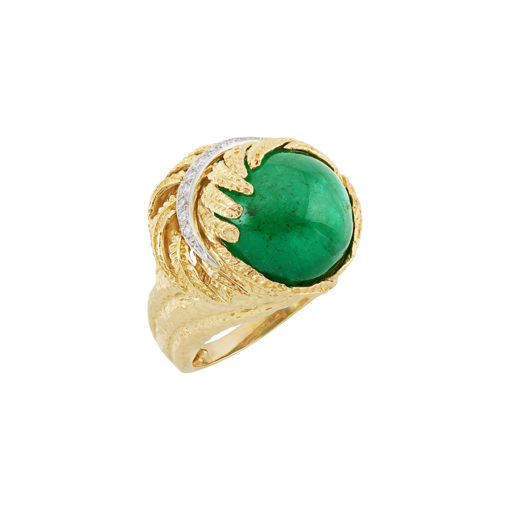 Lot image - Gold, Cabochon Emerald and Diamond Ring