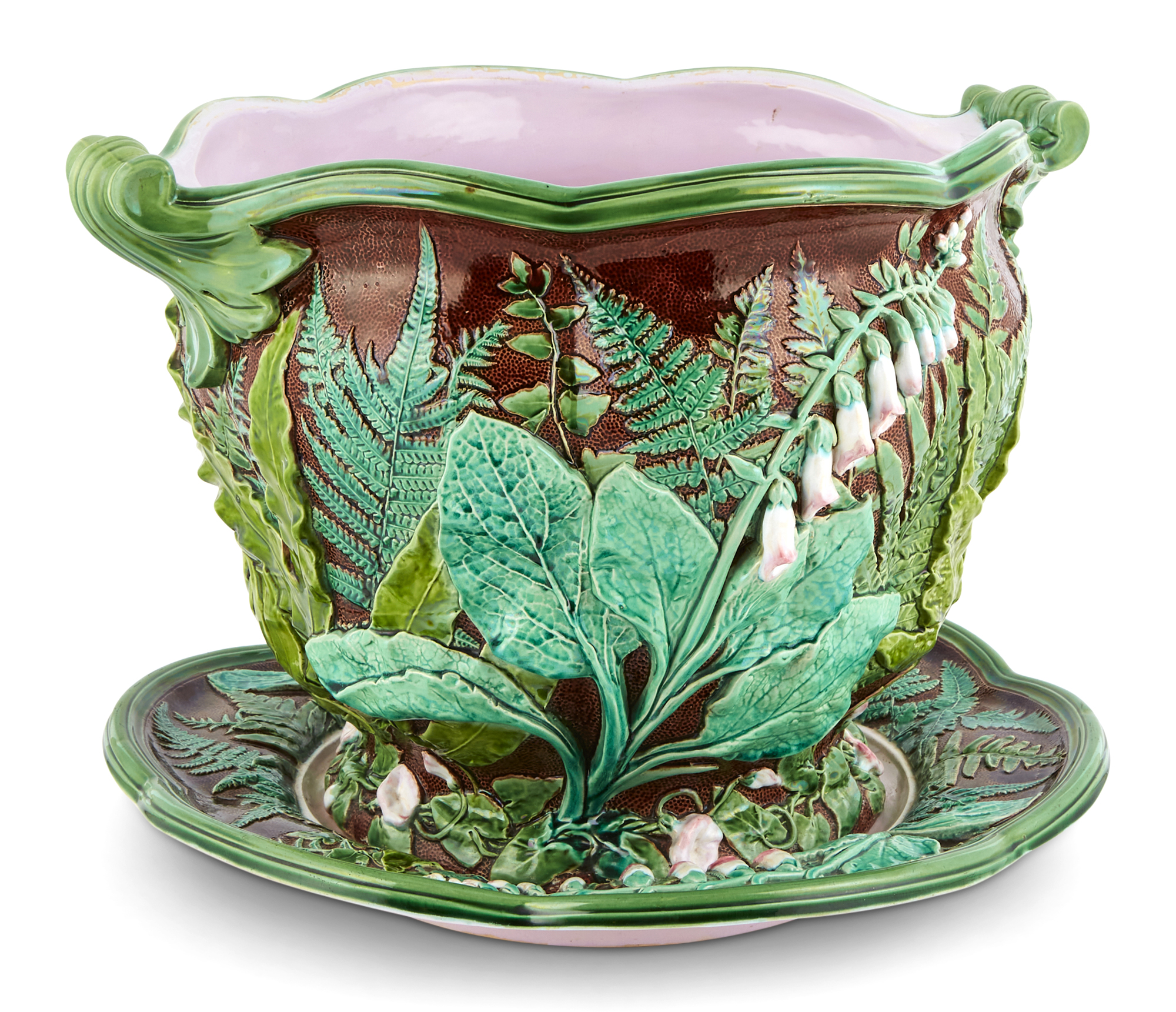 Lot image - Minton Majolica Brown-Ground Foxglove and Fern Brown-Ground Garden Pot and Stand