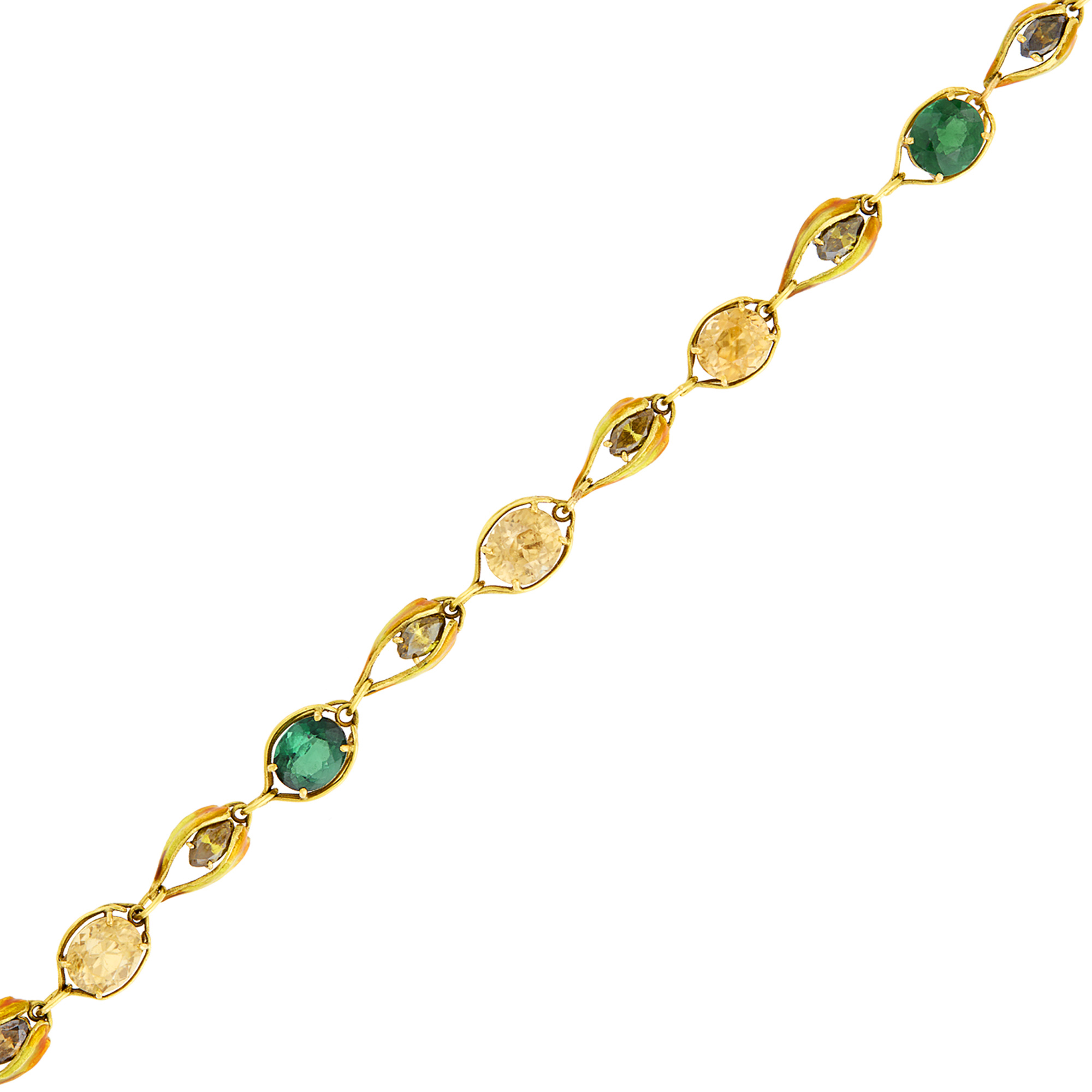 Lot image - Antique Gold, Green and Yellow Tourmaline, Colored Diamond and Enamel Bracelet
