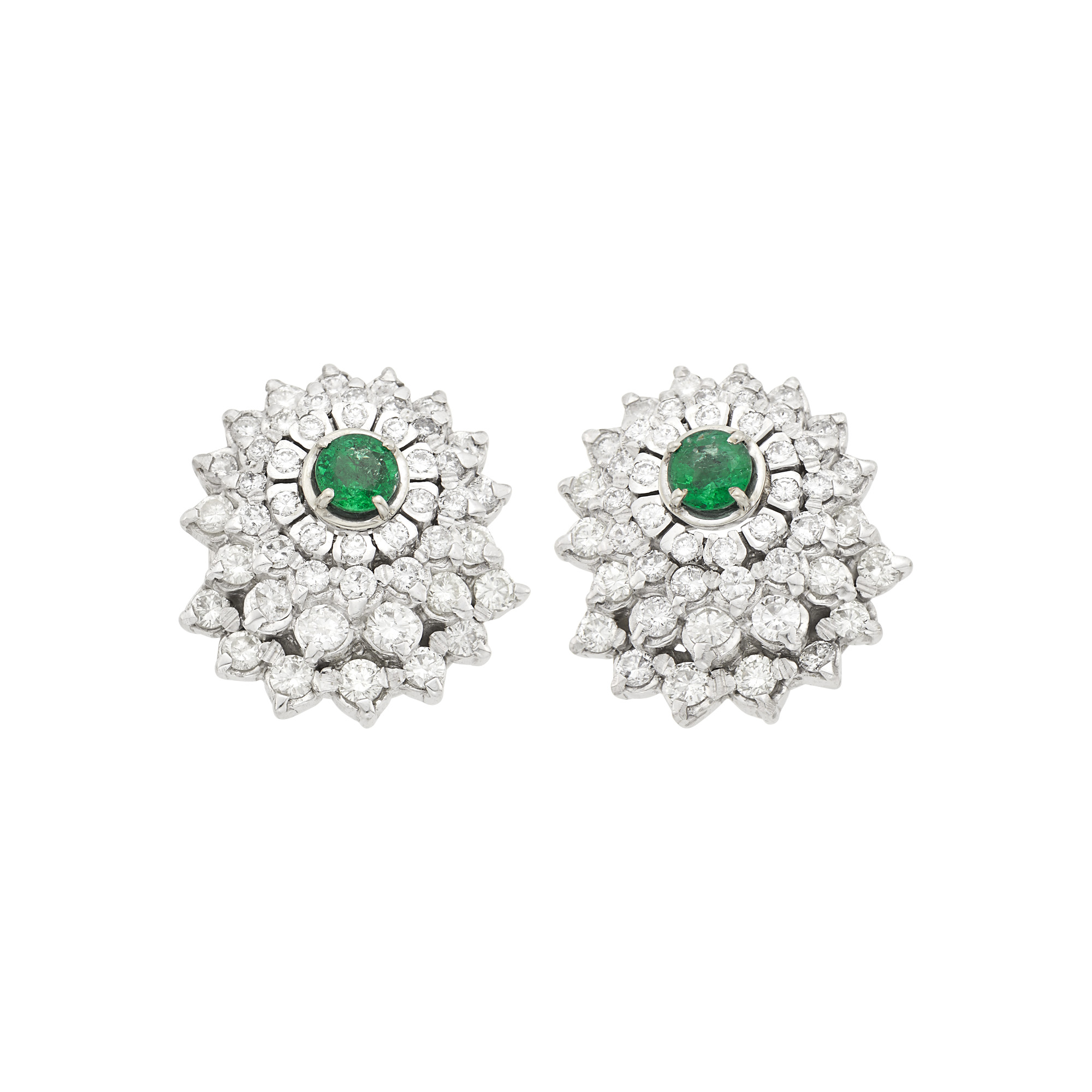 Lot image - Pair of White Gold and Emerald Stud Earrings with Diamond Jackets