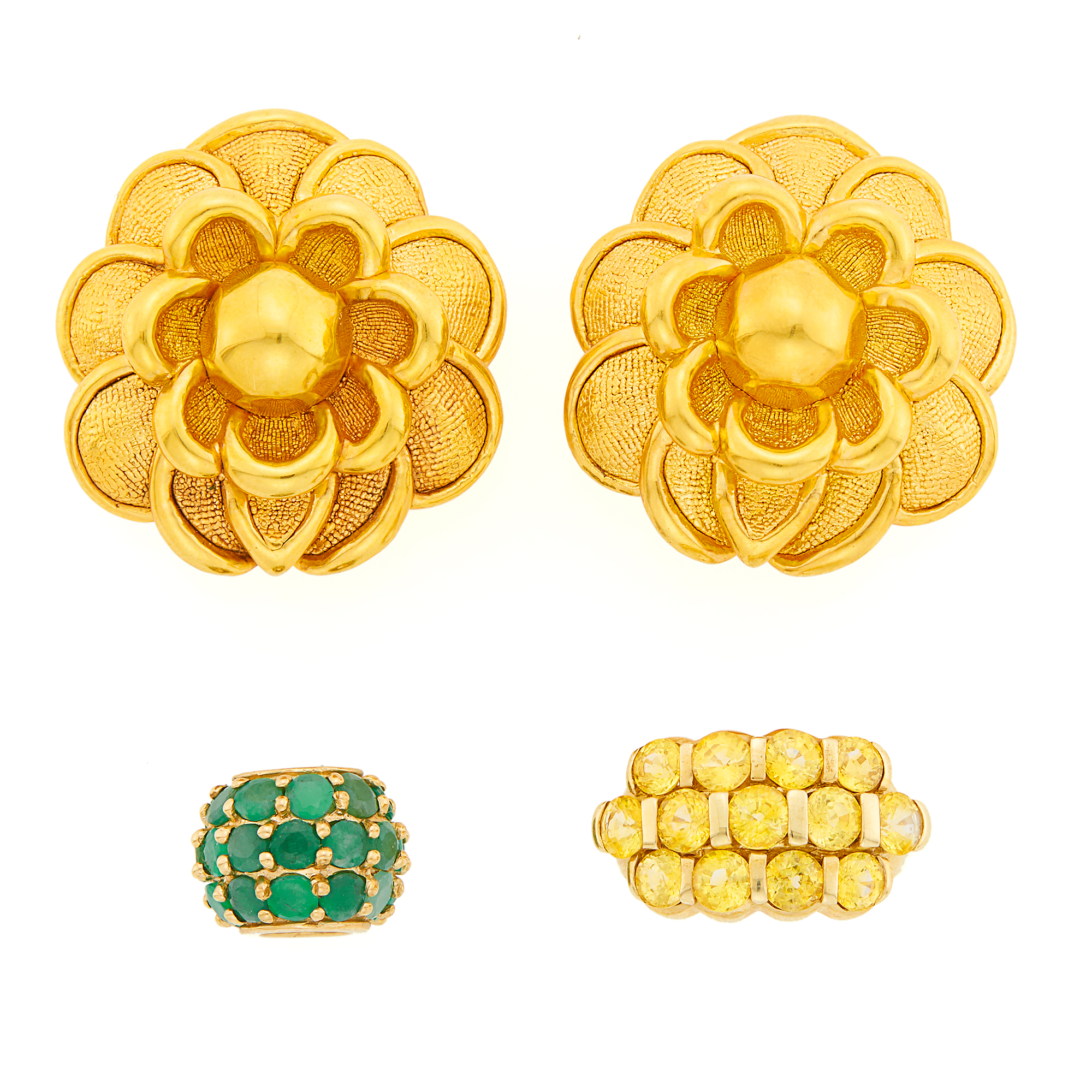 Lot image - Chimento Pair of Gold Flower Earclips, Low Karat Gold and Emerald Slide Charm and Gold and Yellow Sapphire Ring