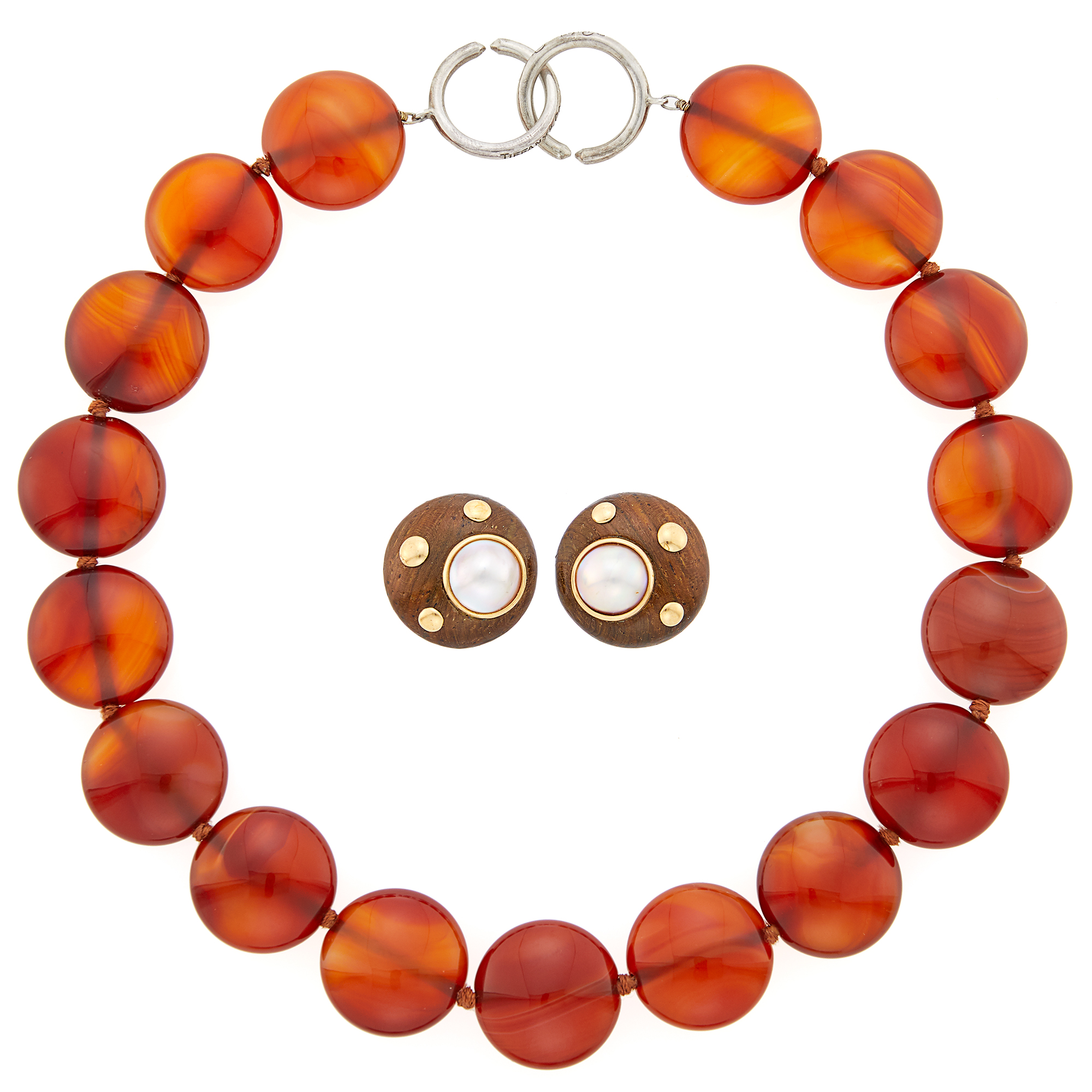 Lot image - Tiffany & Co., Paloma Picasso Carnelian Bead Necklace with Silver Clasp and Tambetti Pair of Wood, Gold and Mabé Pearl Earclips