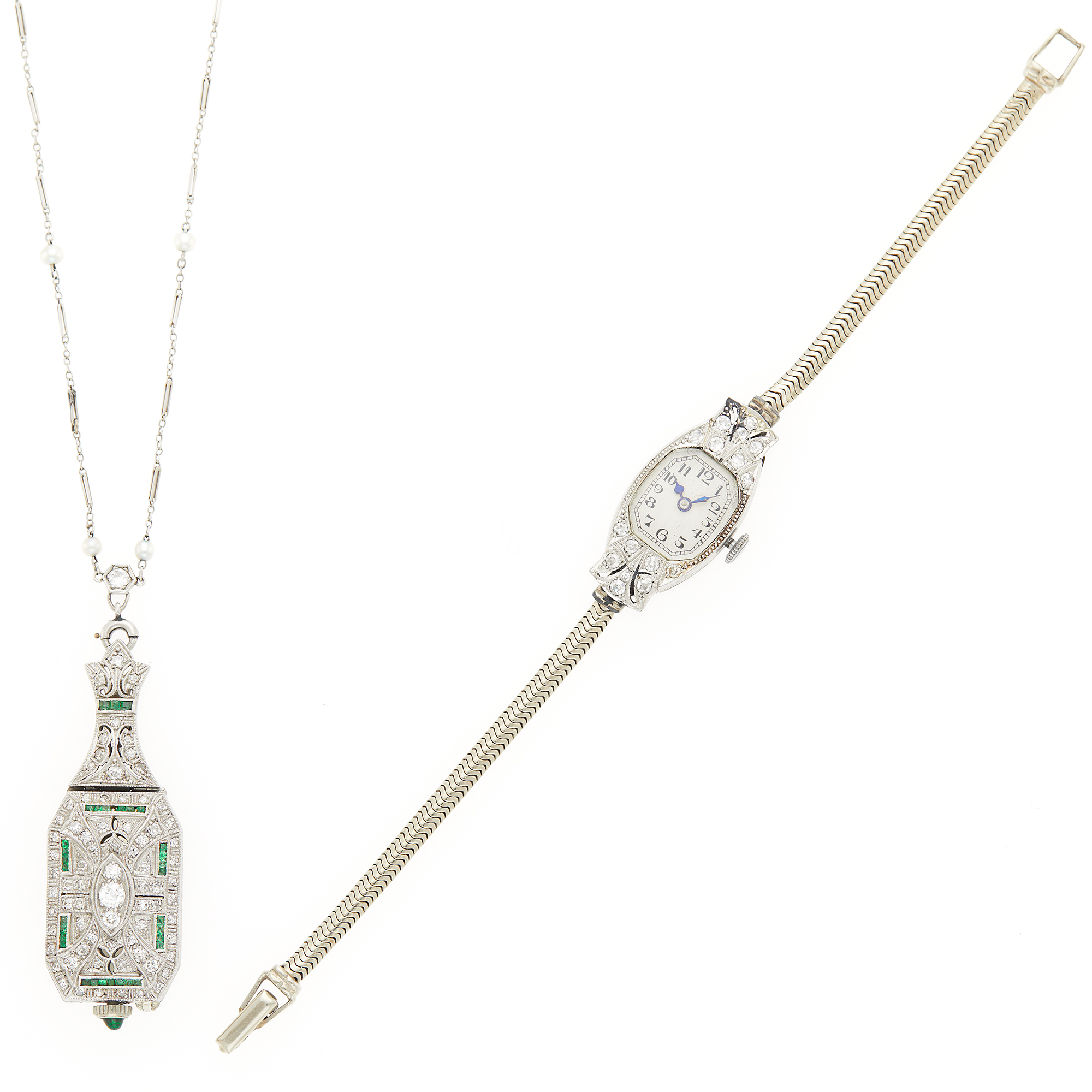 Lot image - Platinum, Diamond and Emerald Pendant-Watch with Diamond and Pearl Chain Necklace and Platinum, White Gold and Diamond Wristwatch