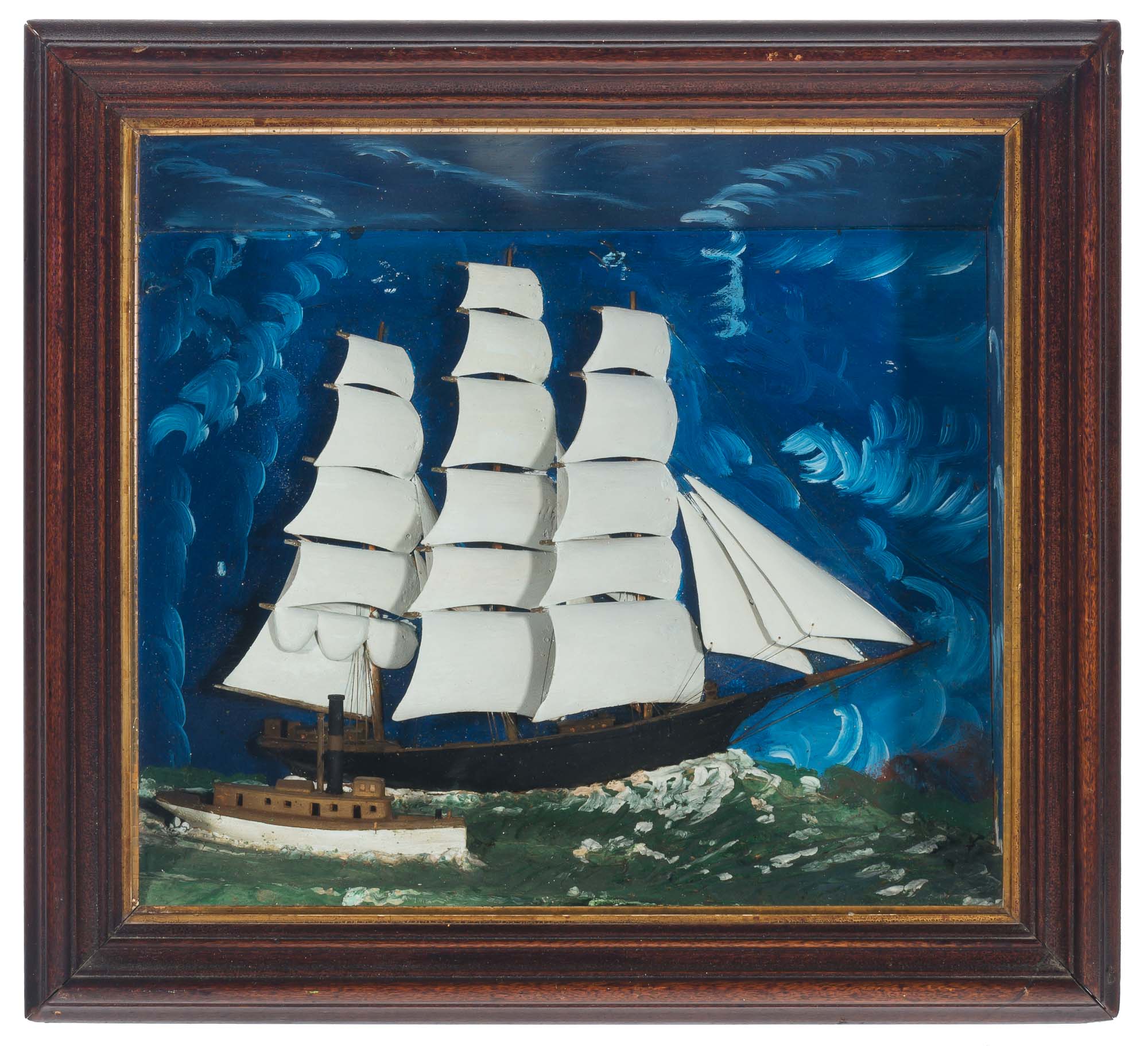 Lot image - Carved and Painted Ship Diorama of a Three-Masted Sailing Vessel and a Small Boat