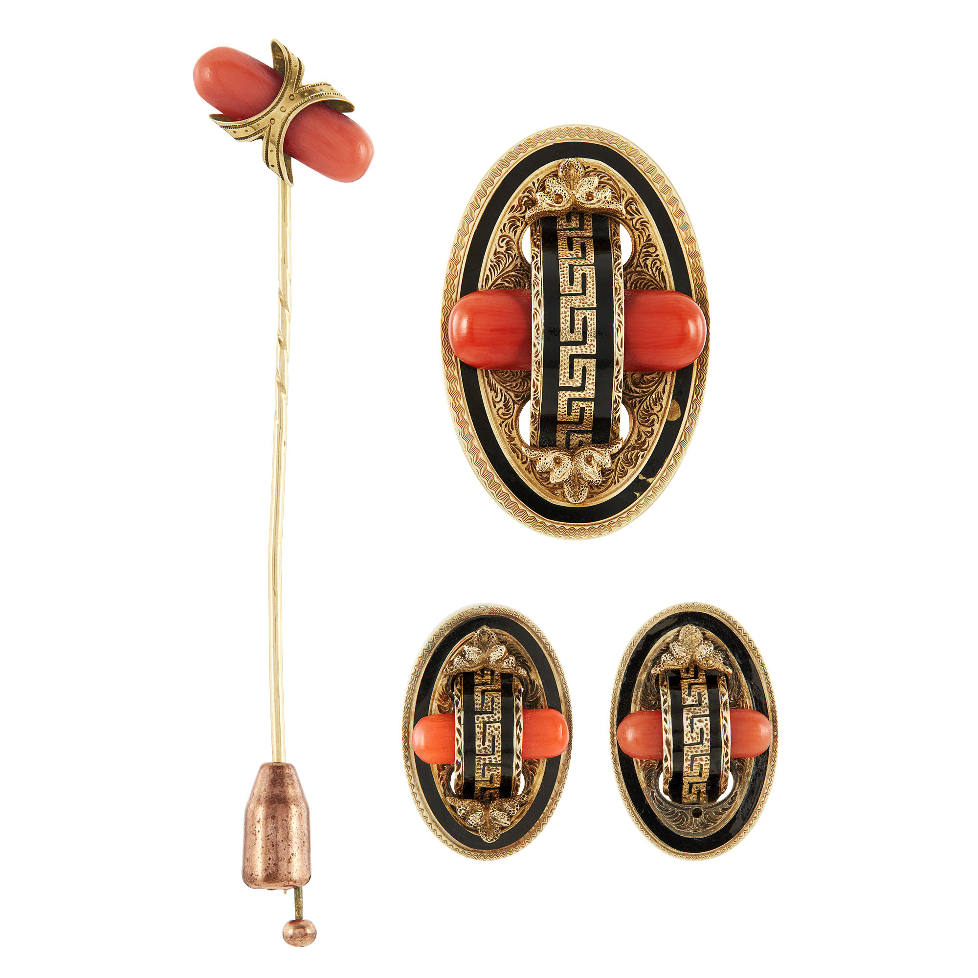 Lot image - Victorian Gold, Coral and Enamel Pendant-Brooch, Pair of Earrings and Stickpin