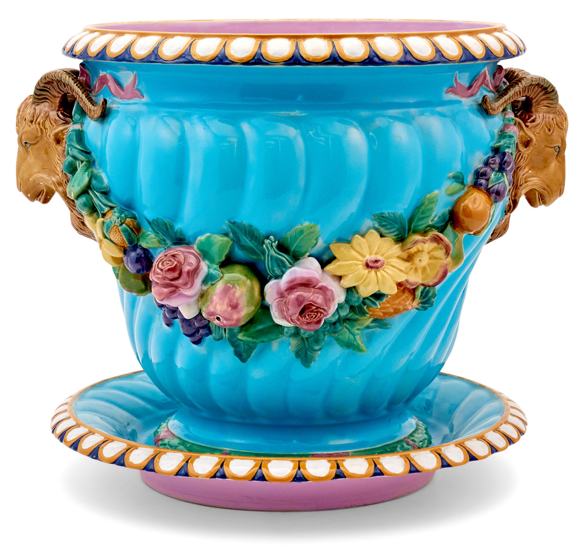 Lot image - Mintons Majolica Turquoise-Ground Rams Head and Festoon Garden Pot and Stand