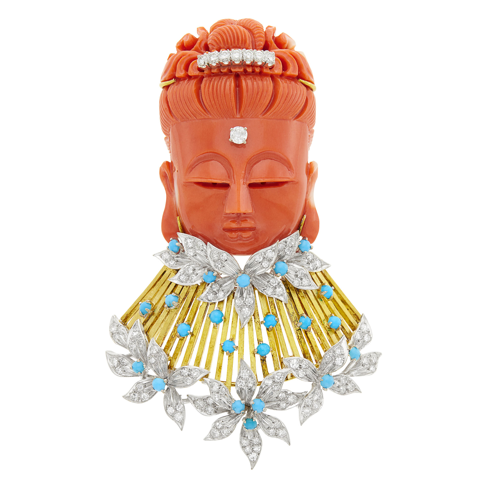 Lot image - Two-Color Gold, Carved Coral, Turquoise and Diamond Pendant-Brooch