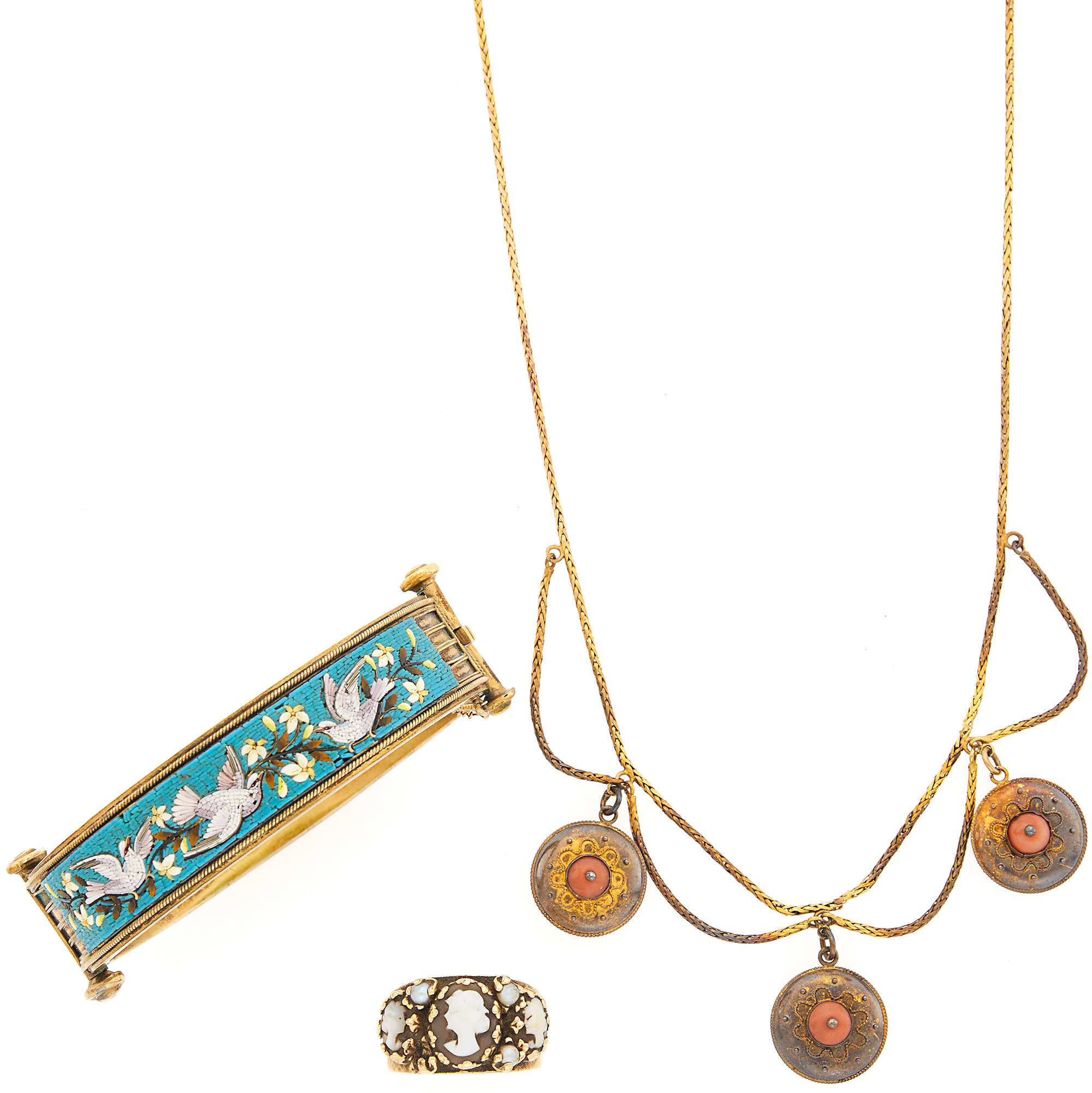 Lot image - Silver-Gilt and Micromosaic Bangle Bracelet, Coral Bead Swag Necklace and Gold and Shell Cameo Ring