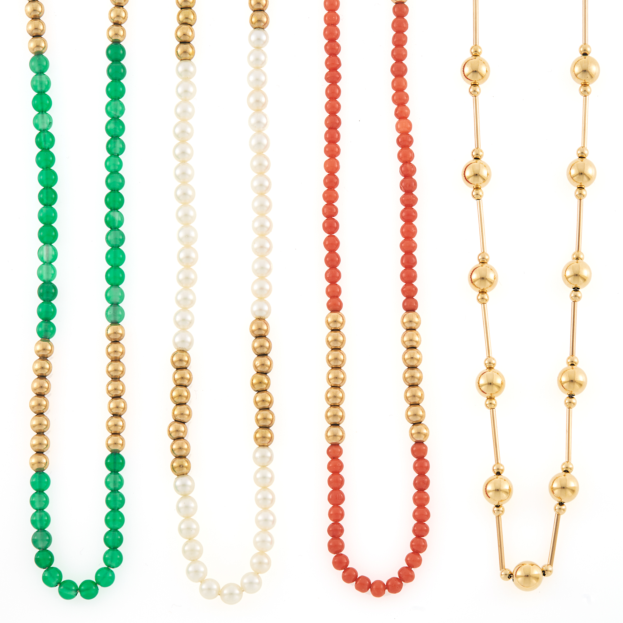 Lot image - Four Gold, Cultured Pearl, Green Onyx, Coral and Gold Bead Necklaces