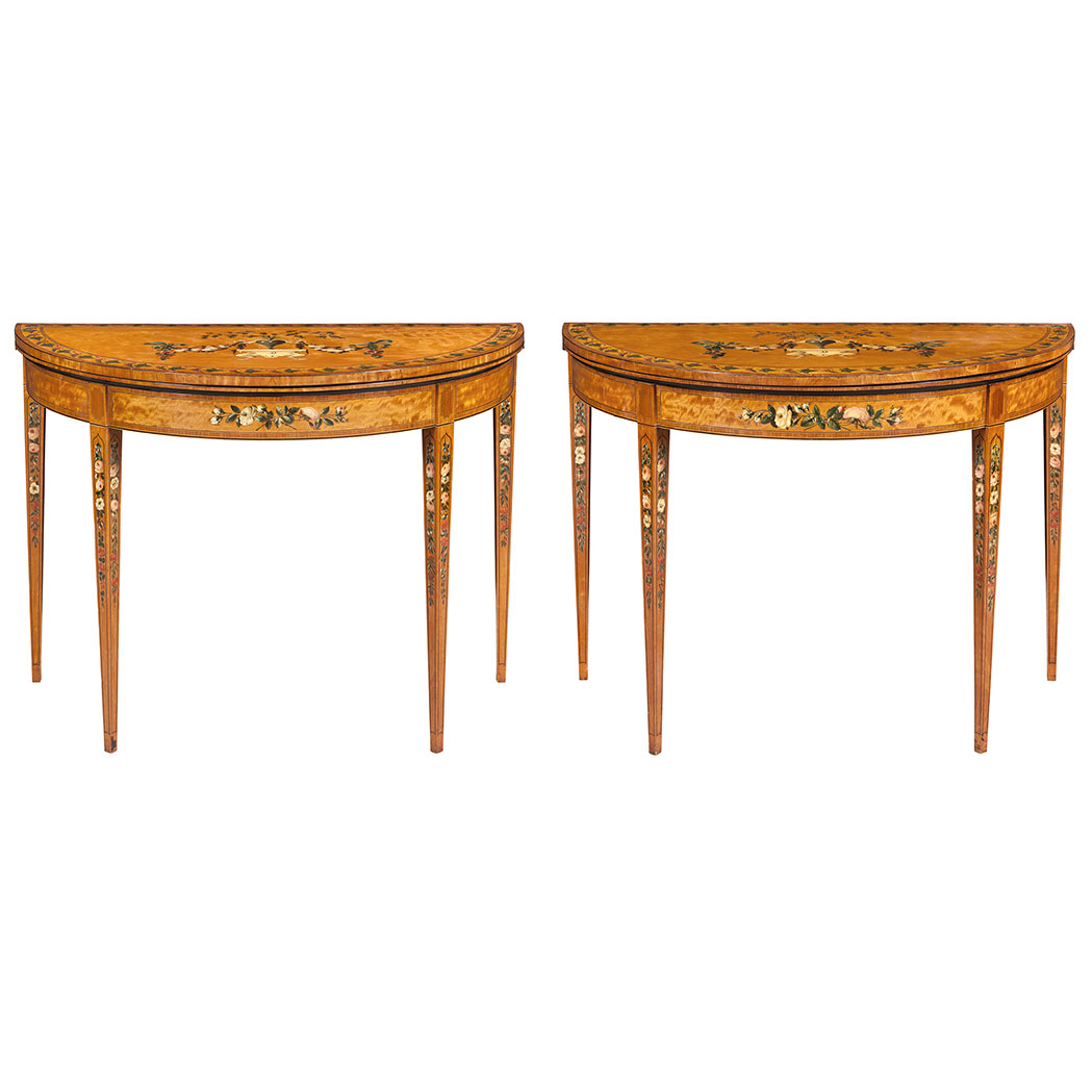 Lot image - Pair of George III Paint-Decorated and Inlaid Satinwood Games Tables