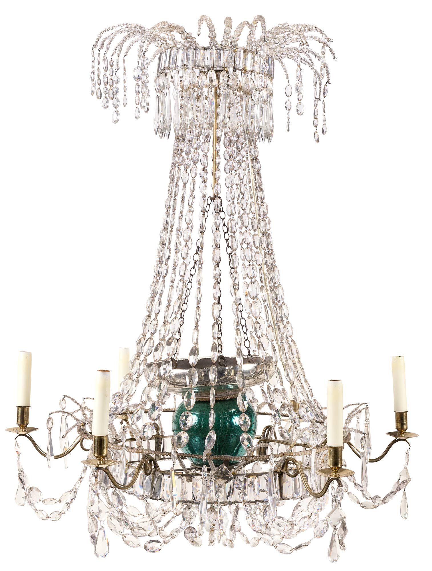 Lot image - Baltic Neoclassical Cut-Glass and Brass Six-Light Chandelier