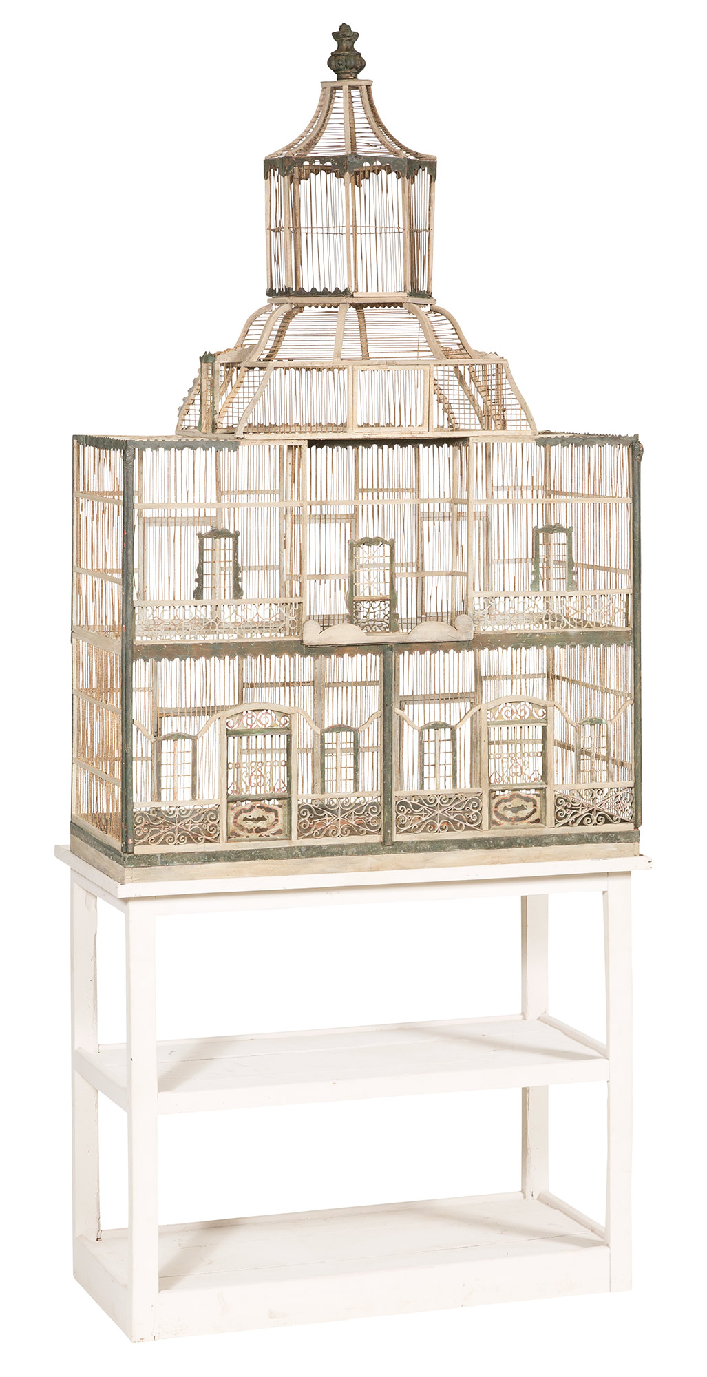 Lot image - Northern European Painted Wood and Metal Large Birdcage on Associated Stand
