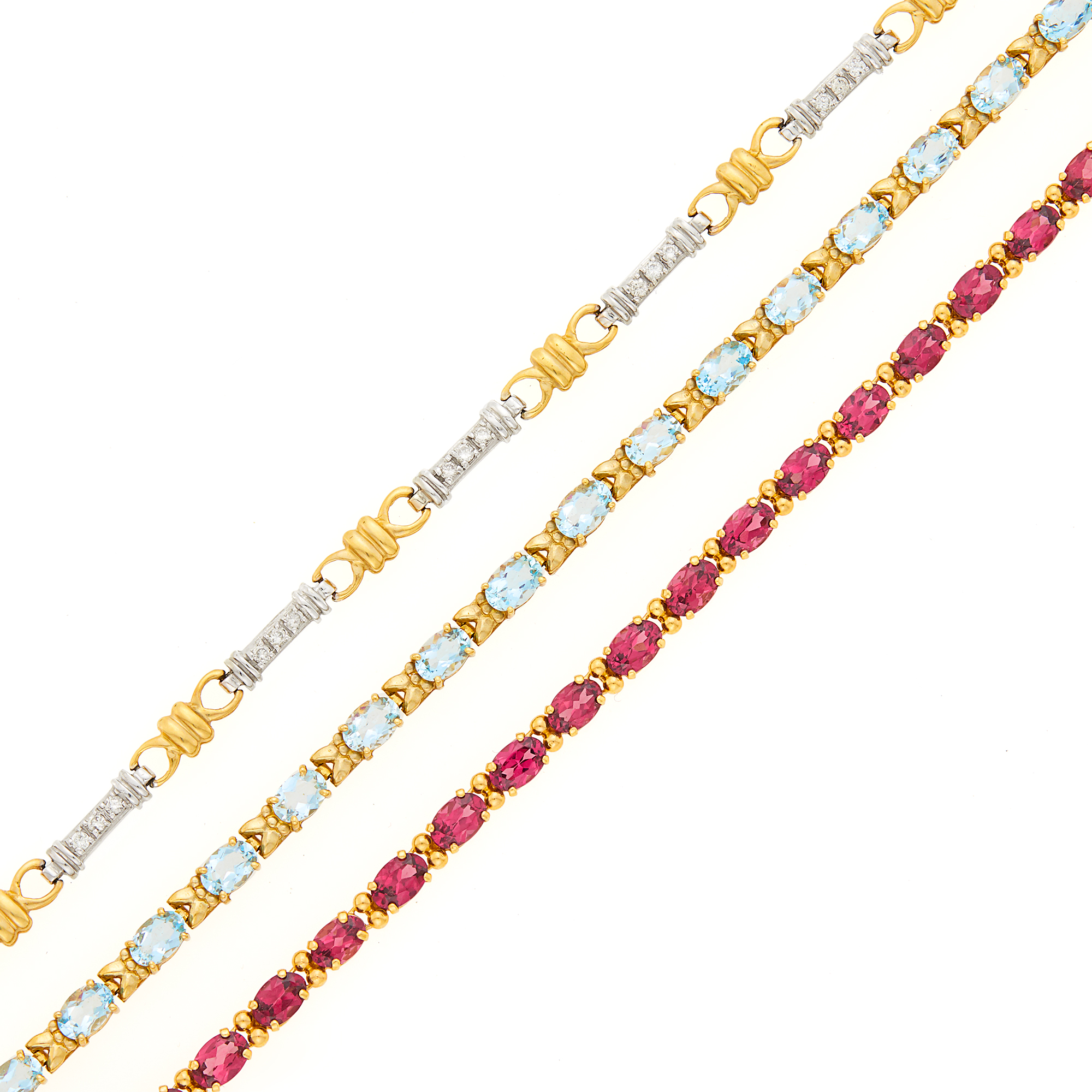 Lot image - Two Gold, Aquamarine and Garnet Bracelets and Two-Color Low Karat Gold and Diamond Bracelet