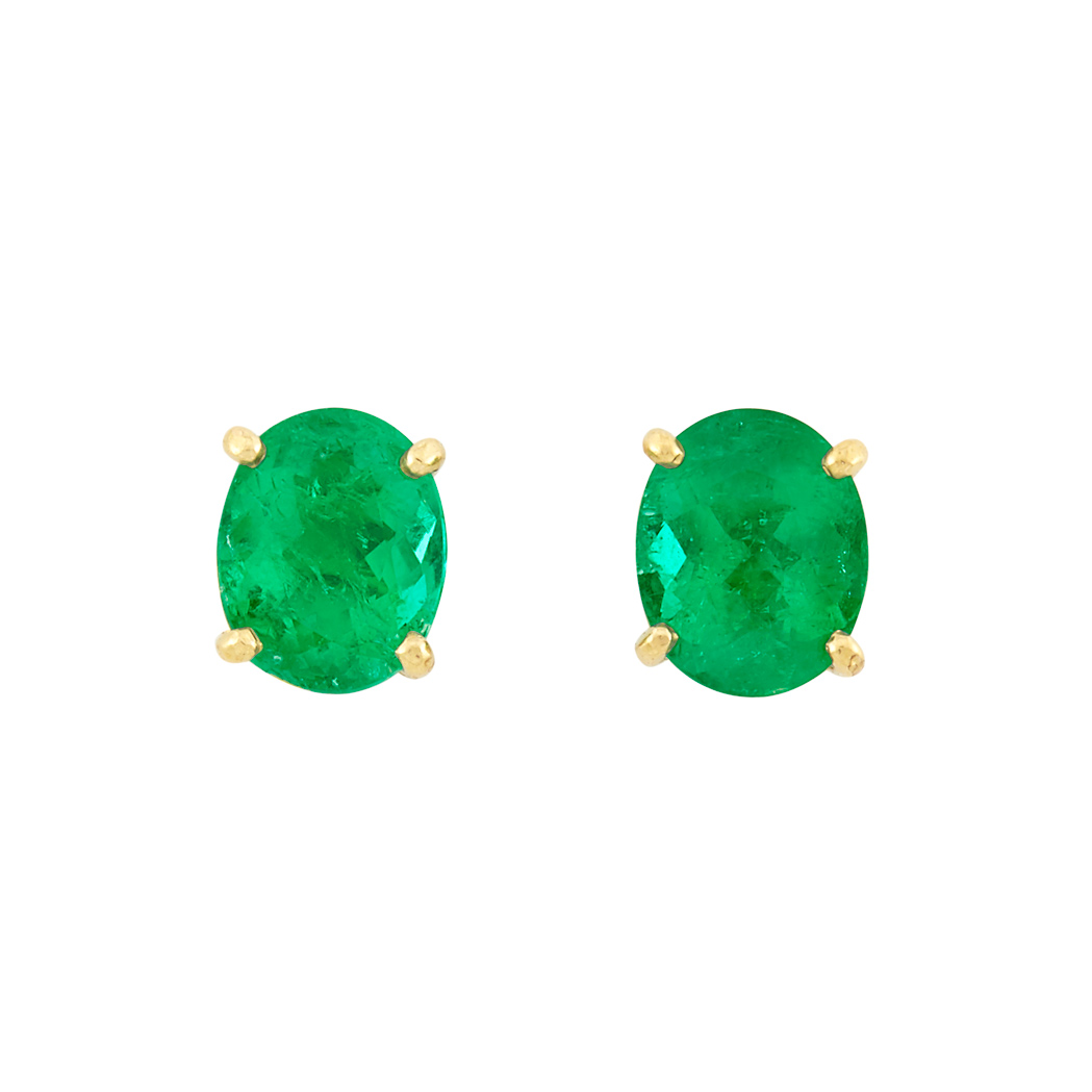 Lot image - Pair of Gold and Emerald Stud Earrings