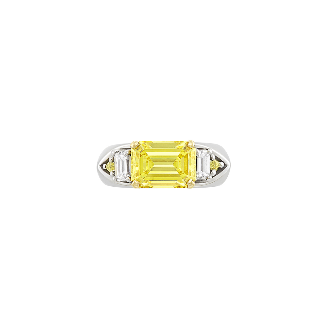 Lot image - Platinum, Fancy Vivid Yellow Diamond and Diamond Ring