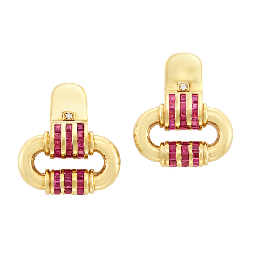Lot image - Pair of Gold and Ruby Earrings