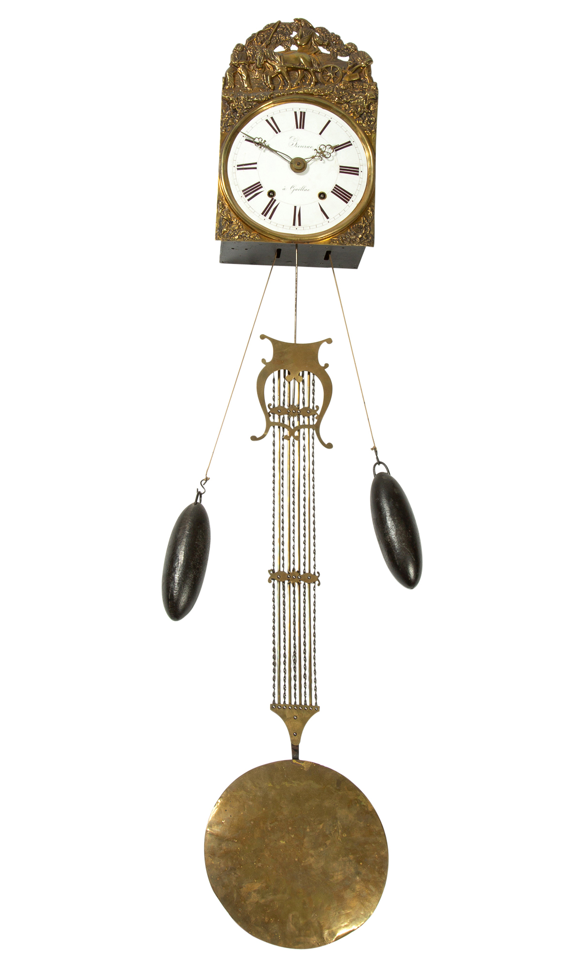 Lot image - French Gilt Brass and Enamel Comtoise Wall Clock