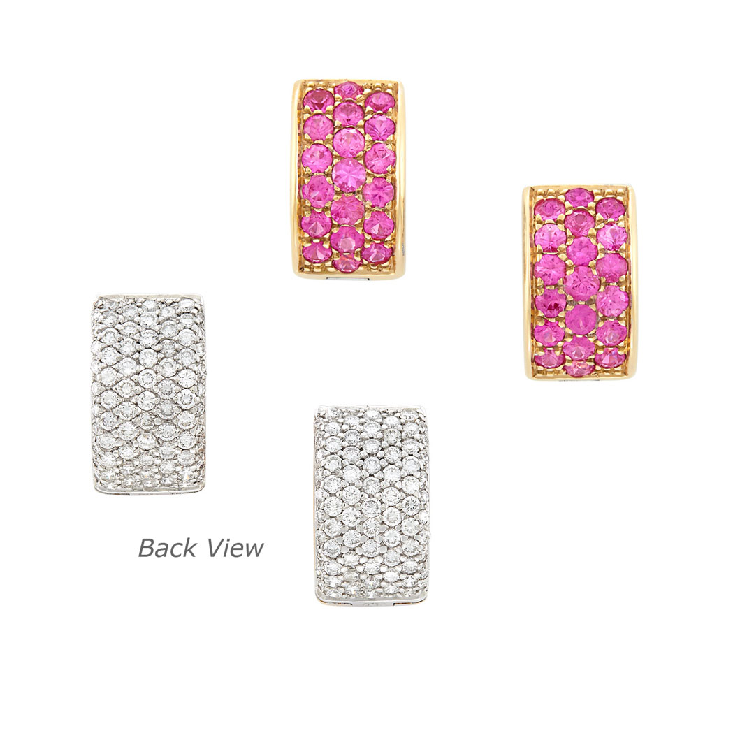 Lot image - Pair of Two-Color Gold, Pink Sapphire and Diamond Reversible Hoop Earrings