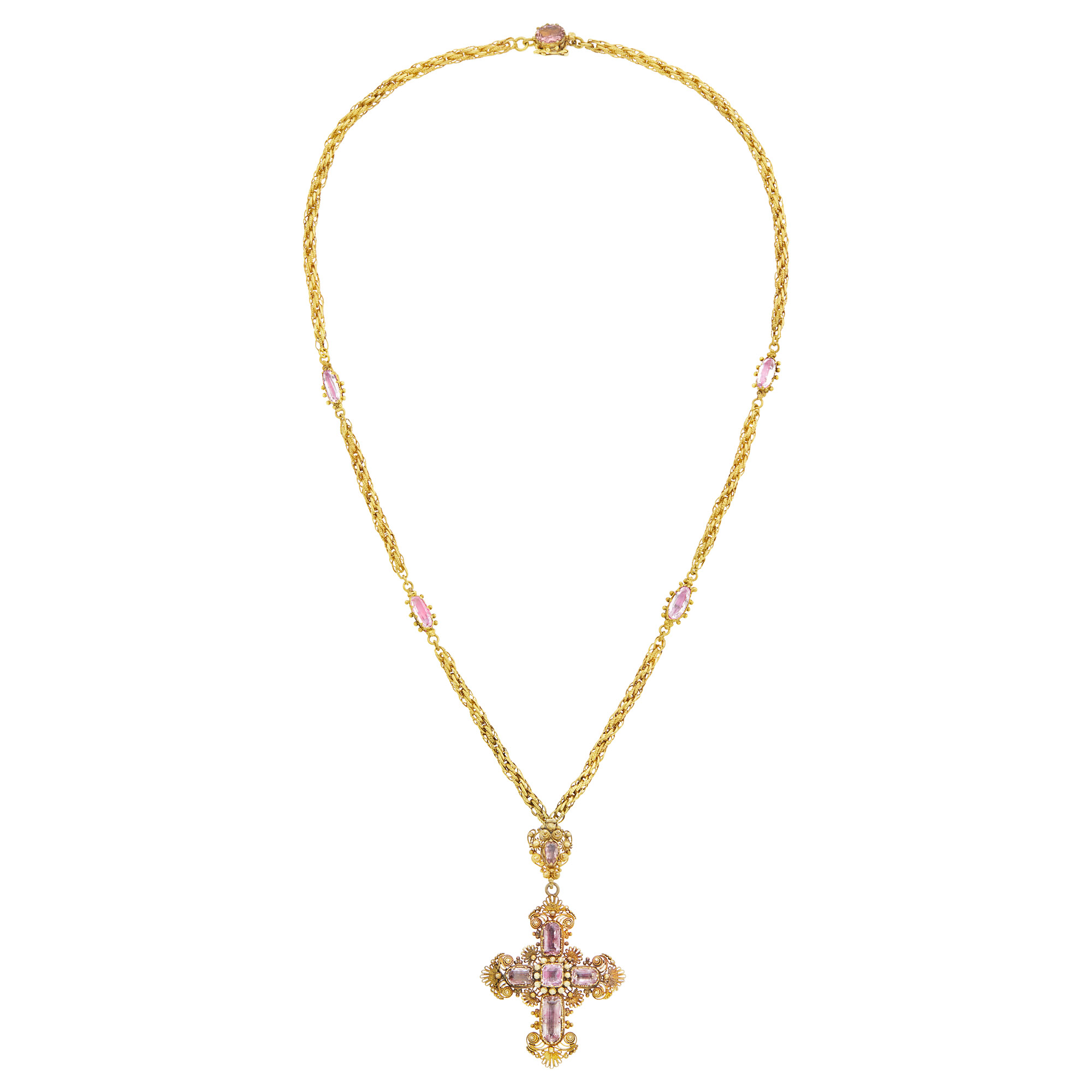 Lot image - Georgian Gold and Foil-Backed Pink Topaz Cross Pendant-Brooch Necklace