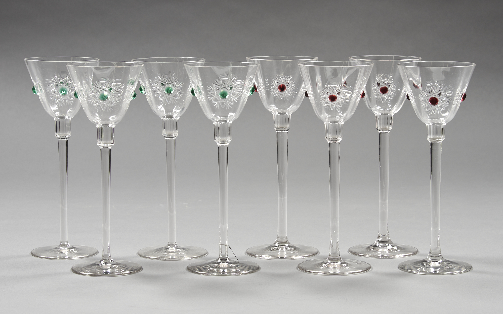 Lot image - Set of Eight Green and Red Cut to Clear Snowflake Decoration Toasting Glasses