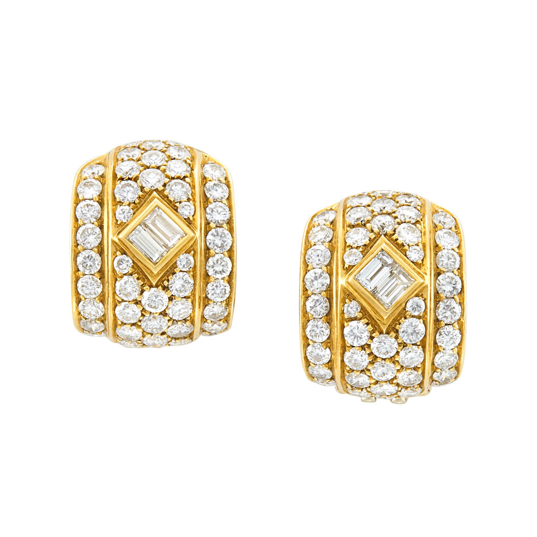 Lot image - Pair of Gold and Diamond Half-Hoop Earrings