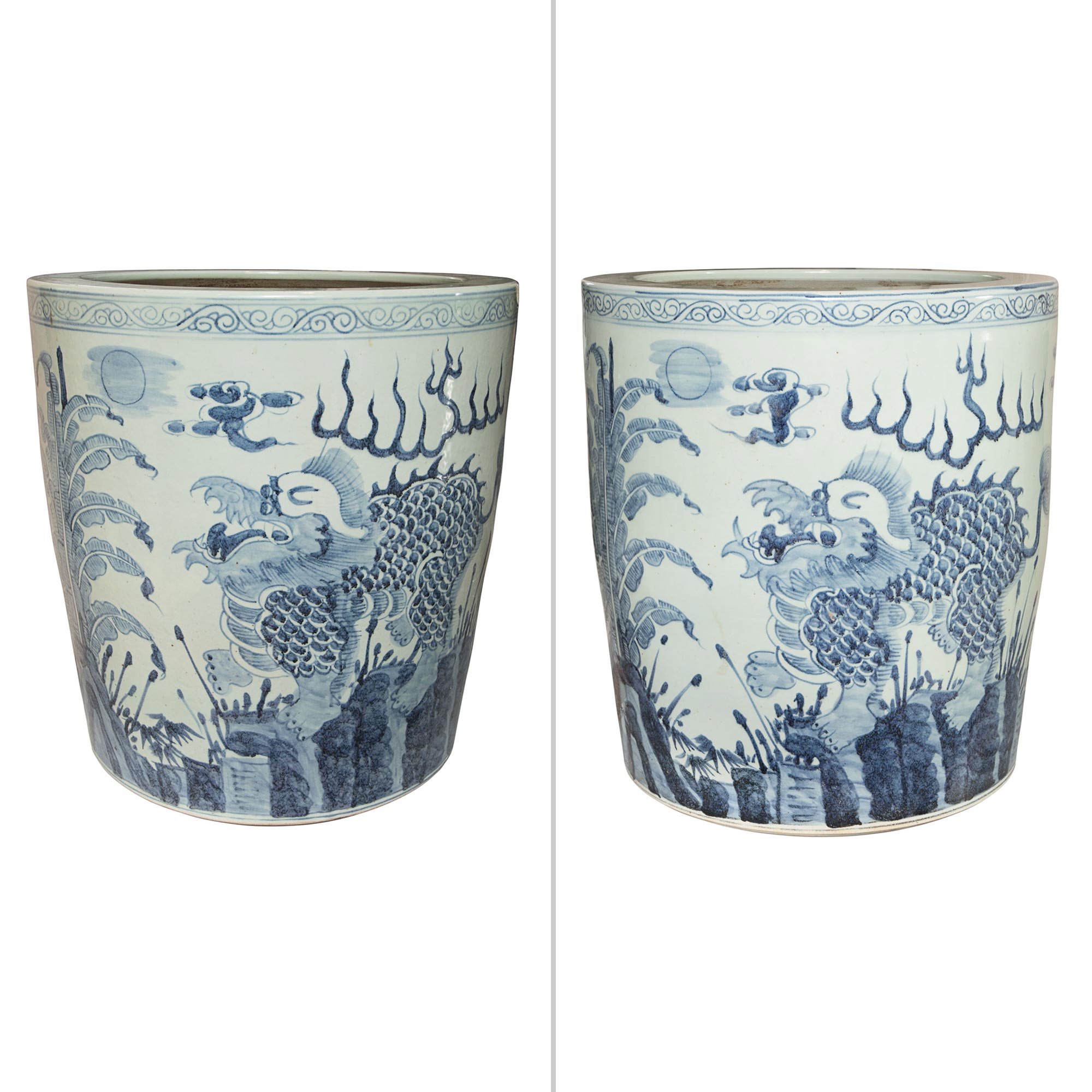 Lot image - Pair of Chinese Blue and White Ceramic Oversize Planters
