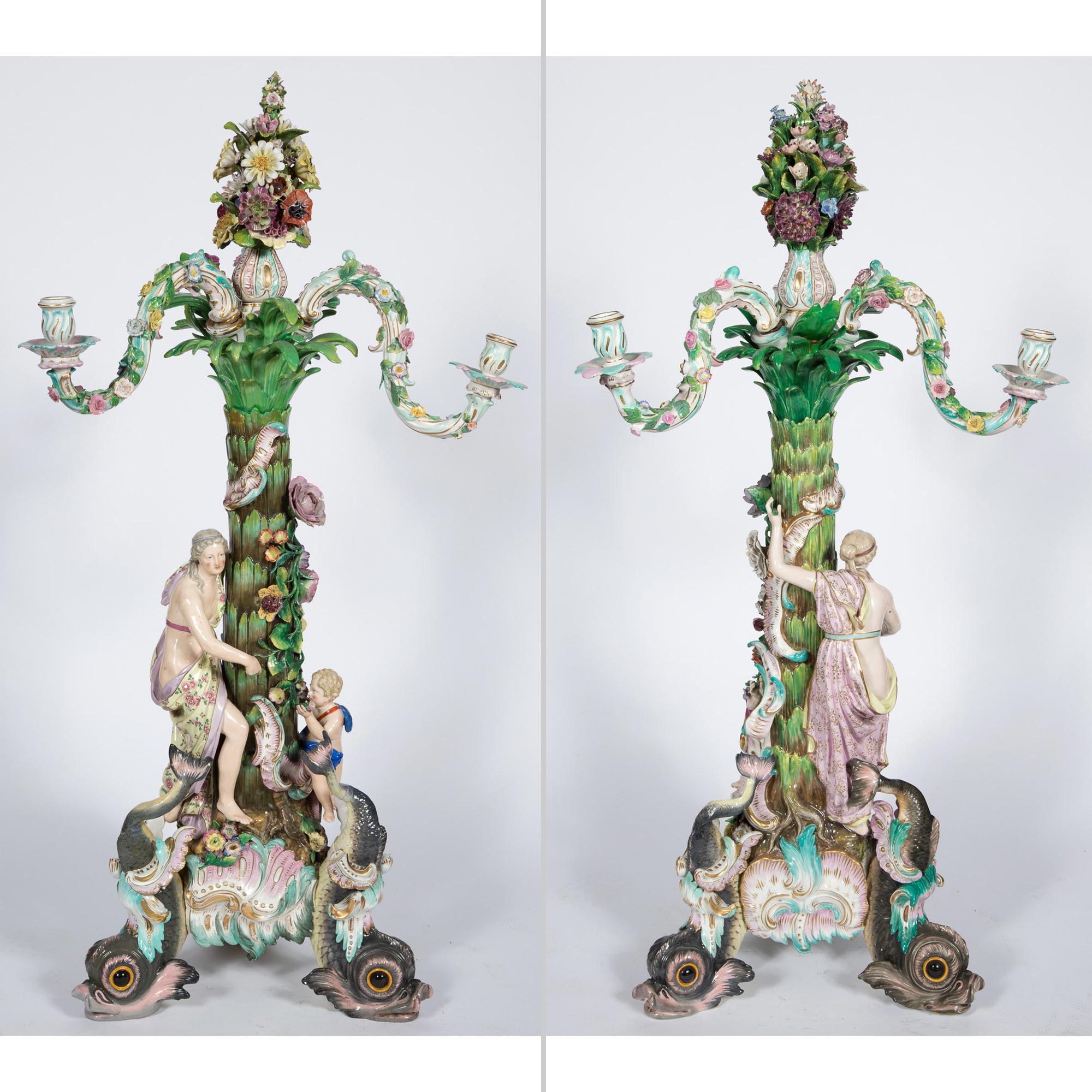 Lot image - Pair of Monumental Meissen Gilt and Polychrome Decorated and Floral Encrusted Porcelain Figural Three-Light Candelabra