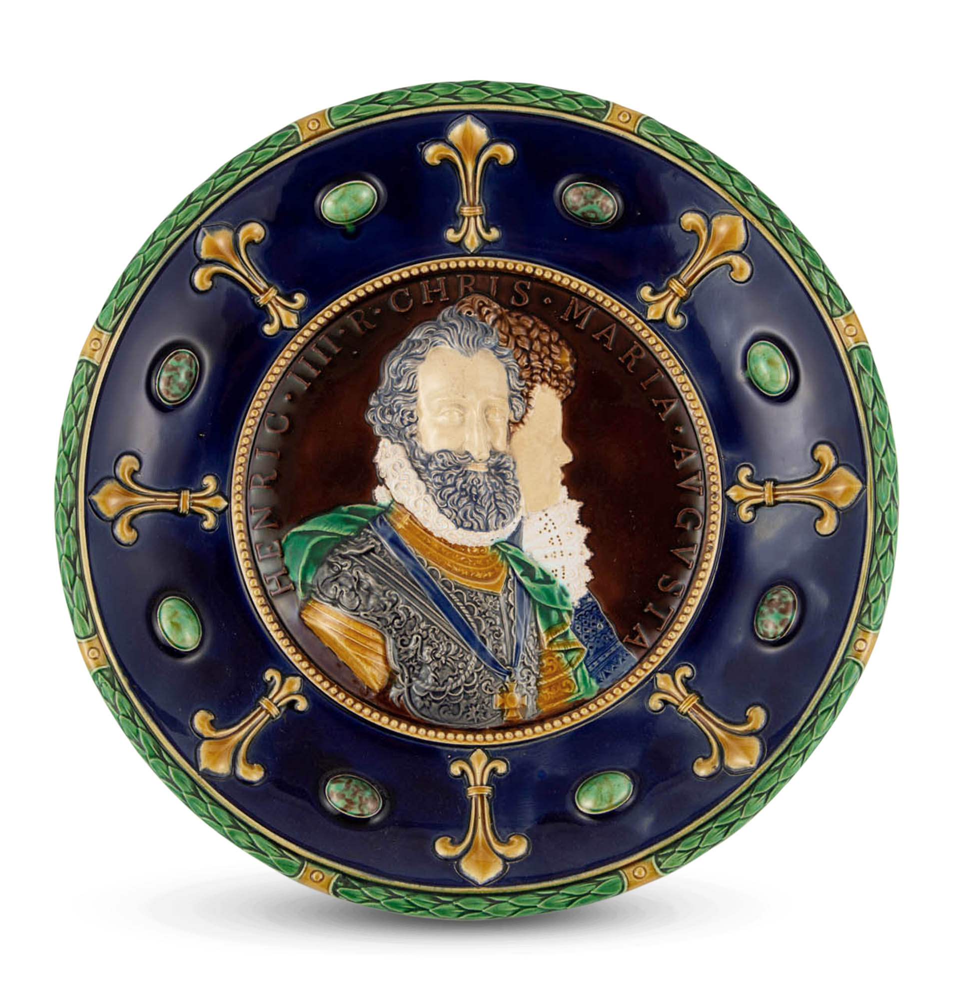 Lot image - Minton Majolica Renaissance Style Cobalt-Blue Ground Double Portrait Charger of Henri IV and Marie De Medici
