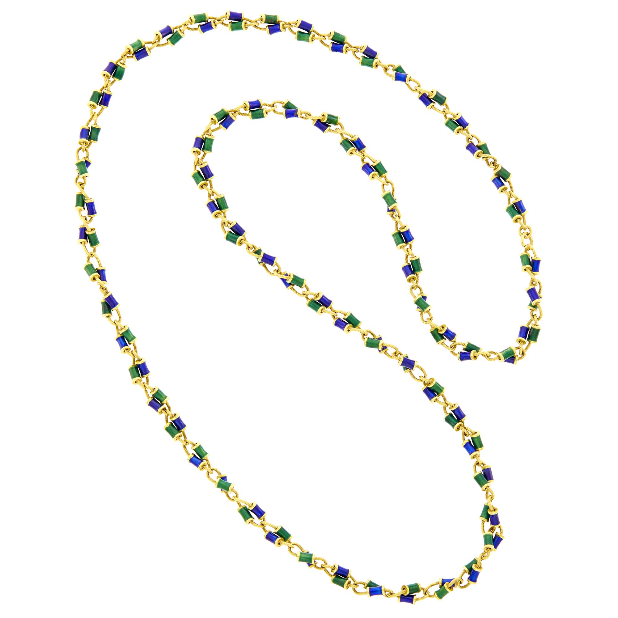Lot image - Long Gold and Blue and Green Enamel Chain Necklace